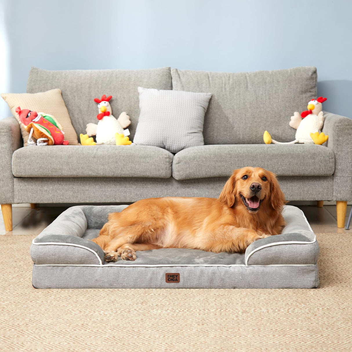 EHEYCIGA Orthopedic Dog Beds for Extra Large Dogs 44x32Inch, Waterproof Memory Foam XL Pet Bed with Sides, Non-Slip and Egg-Crate Foam Big Dog Couch Bed with Washable Removable Cover, Grey