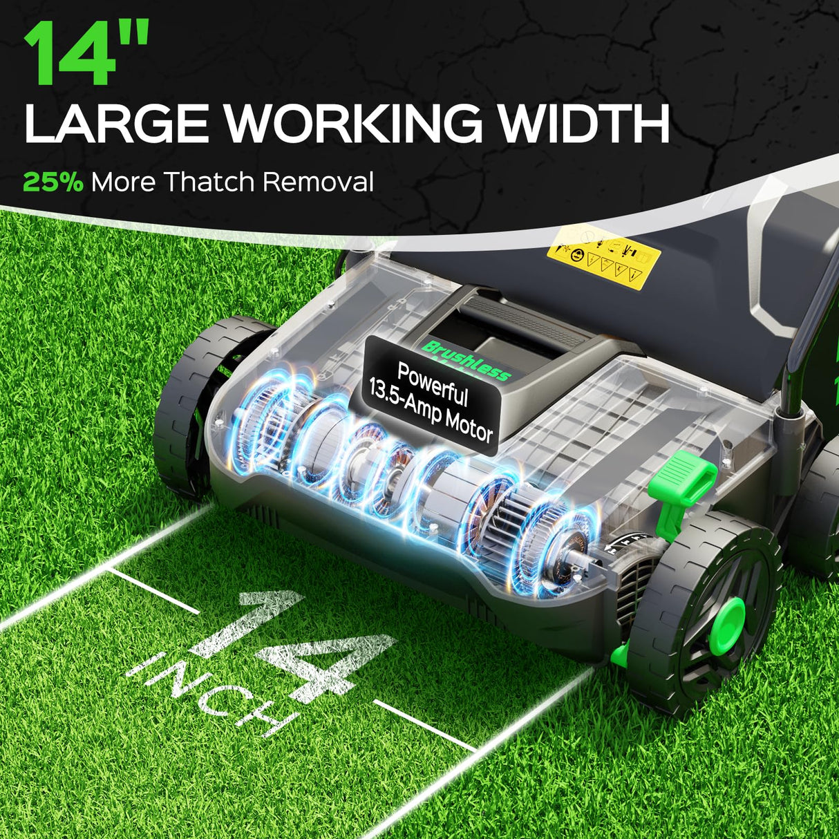 TIECTOWN 14-Inch 13.5 Amp 2-in-1 Electric Dethatcher and Scarifier with 11.5-Gallon Collection Bag, Lawn Dethatcher with 5-Position Depth Adjustment, Blade Replacement Without Tool - Green