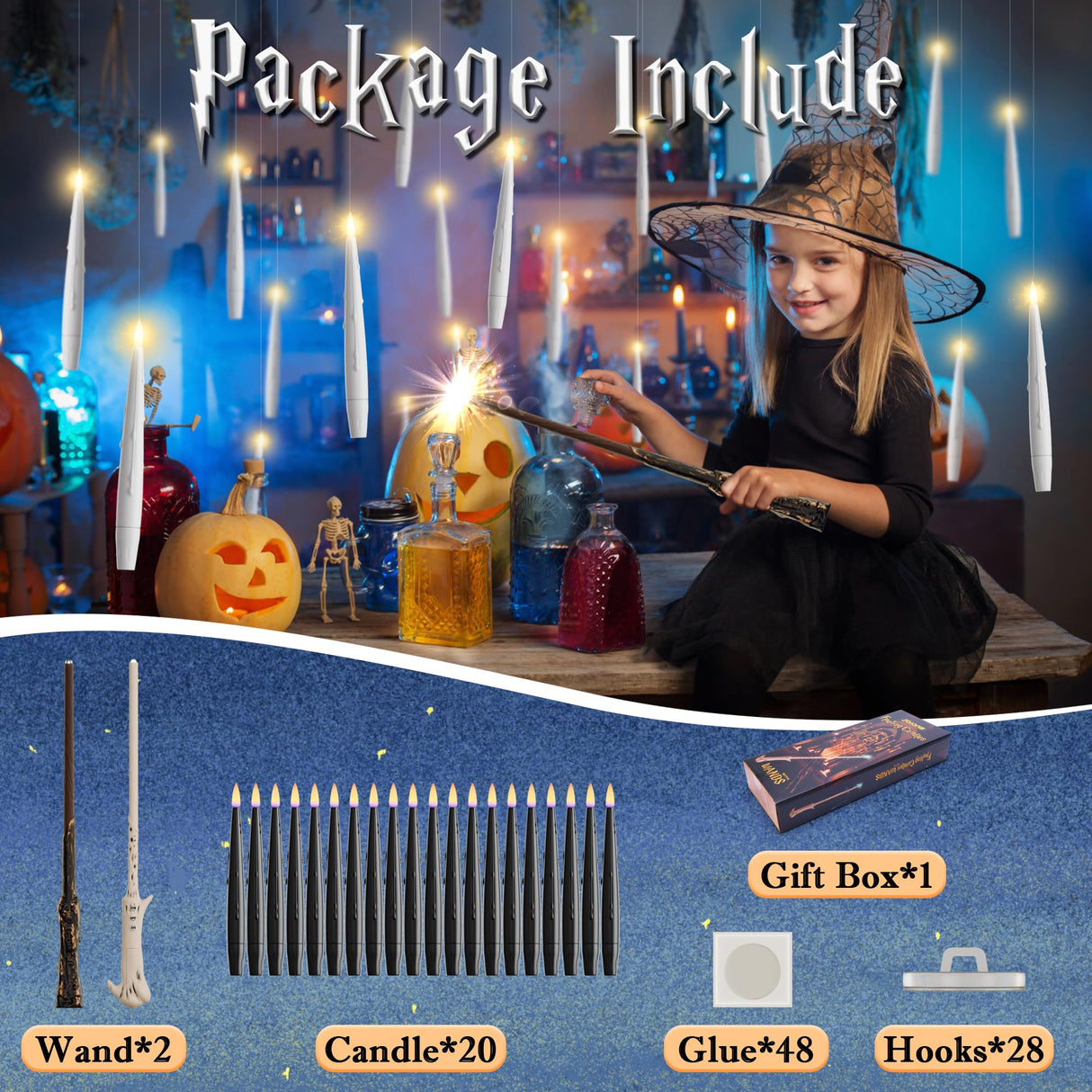 JOIONE Floating Candles with Wand, 20 Pack Halloween Flameless Candles Magic Hanging Taper Candles with 2 Wand Remotes, Battery Operated Candles for Halloween Christmas Birthday Party Decor Black