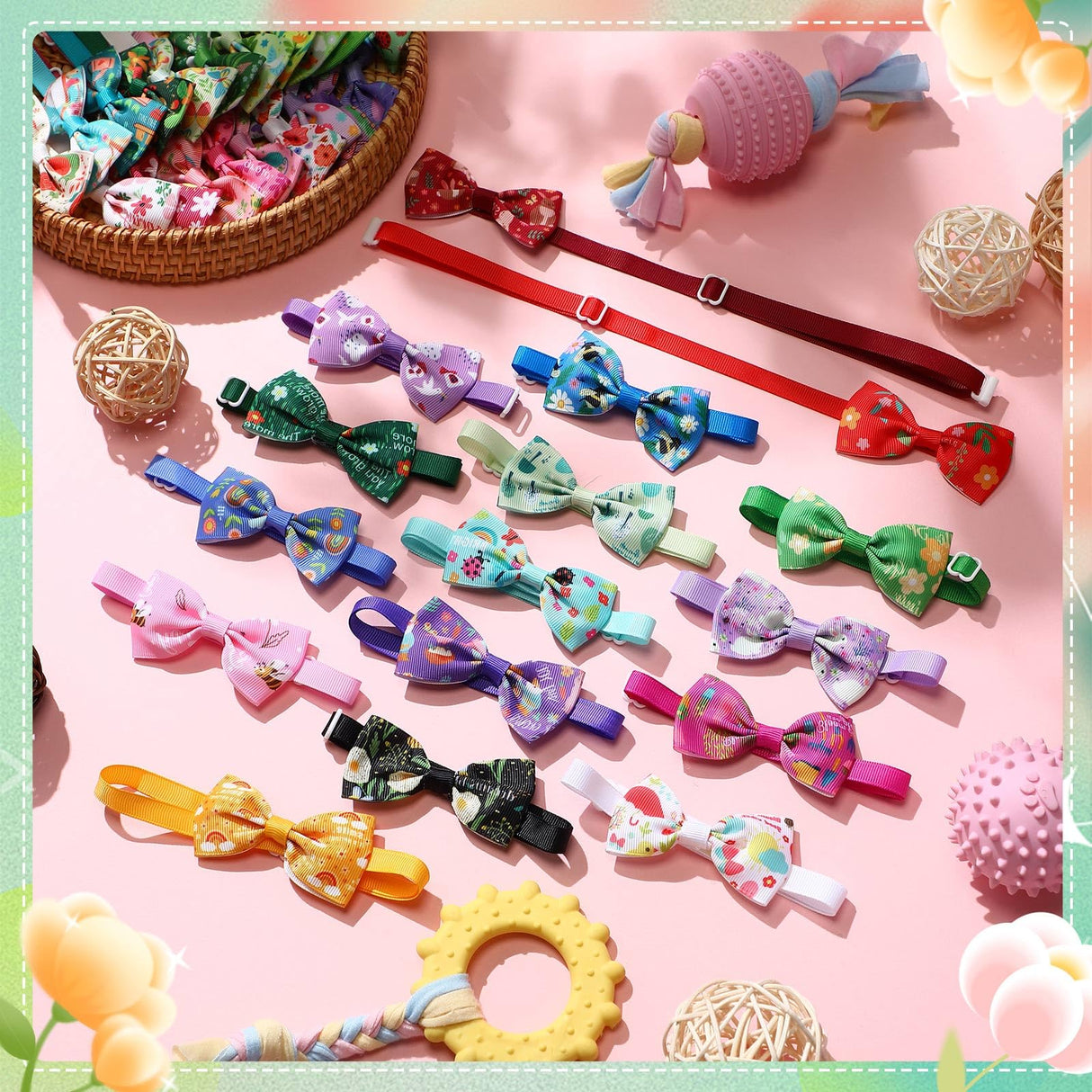 Silkfly 100 Pcs Dog Bow Ties Bulk Adjustable Pet Bowtie Collar Bows Holiday Dog Bowknot for Small Medium Pet Costume Grooming Supplies(Spring Pattern)