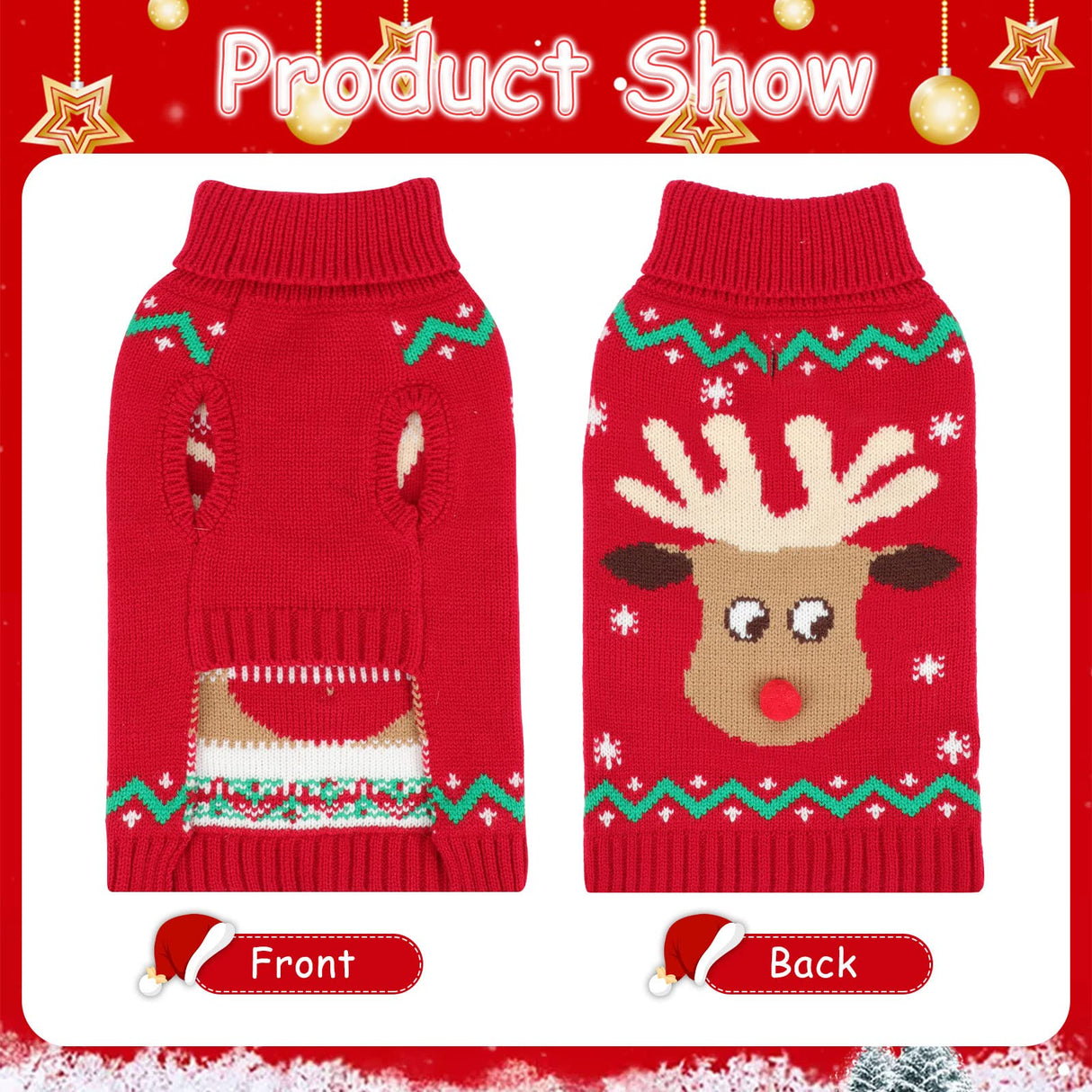 YUEPET Christmas Dog Sweaters Pullover, Reindeer Snowflake Christmas Outfits with Leash Hole, Classic Turtleneck Dog Clothes for Puppies Medium Dogs(XL)