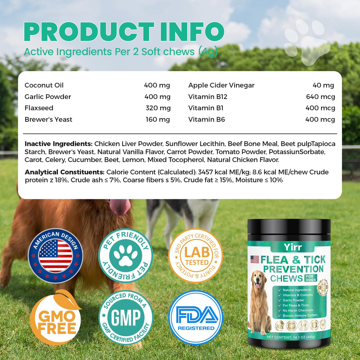 Flea and Tick Prevention for Dogs Chewable, 200 Natural Soft Chews Oral Flea and Tick Supplement for Dogs Puppies, All Breeds & Sizes - Chicken Flavor