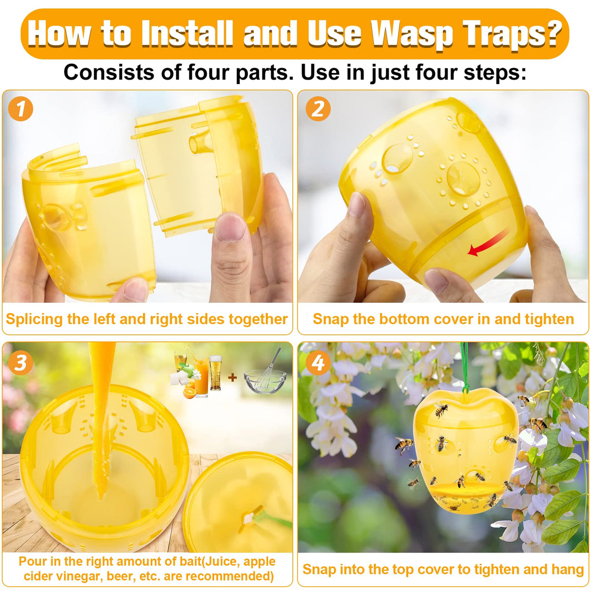 Protecker Wasp Trap Bee Traps Catcher, Wasp Traps Outdoor Hanging, Wasp Repellent Trap Deterrent Killer Hornet Insect Catcher, Non-Toxic Reusable Yellow Jacket Trap (Yellow, 2 Pack)