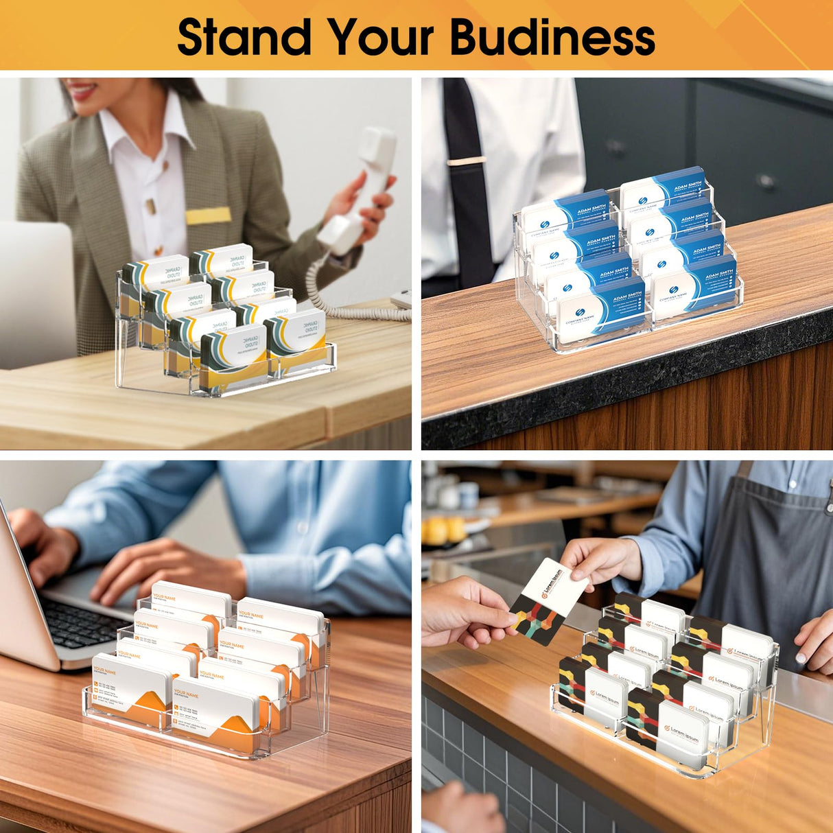 MaxGear Acrylic Business Card Holder for Desk, Clear Desktop Business Card Display Stand with 8 Pockets, 4-Tier Freestanding Card Organizer for Office, Reception, Countertop