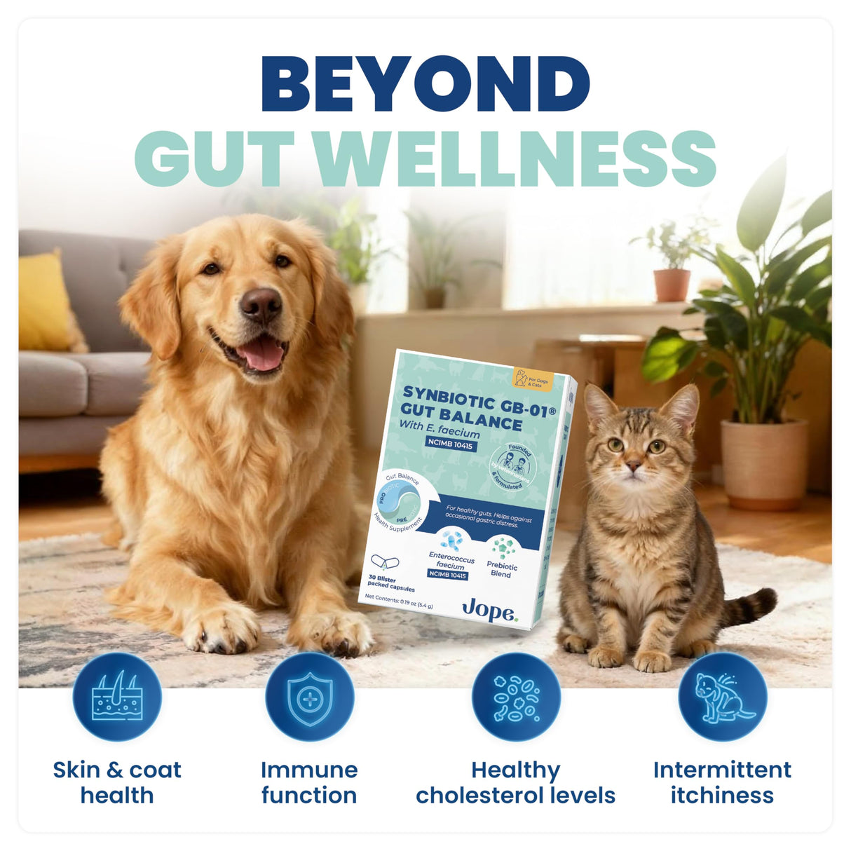 Jope Synbiotic GB-01® - Prebiotics and Probiotics for Dogs & Cats - Clinically Proven Formula - Vet Formulated for Gut Health, Stool Quality, Diarrhea, Immunity, Skin & Coat - 30 Gut Powder Capsules