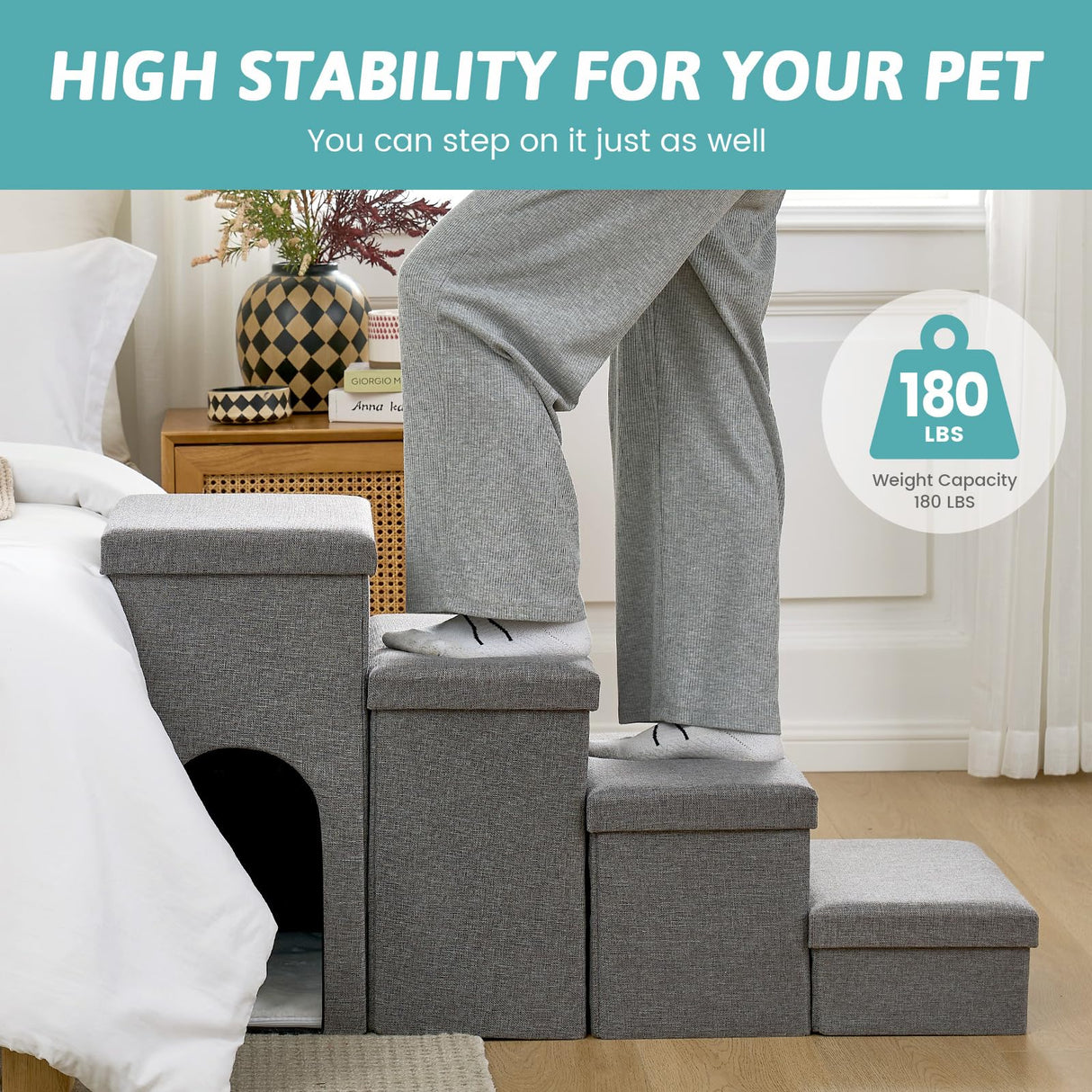 Dog Stairs with Storage, 4-Step Wider Sturdy Dog Steps for Small/Medium/Large Dogs and Older Cats, Doggie Ramp with Condo for Bed/Couch/Car Hold Up to 180 lbs (22.6" H, Grey)