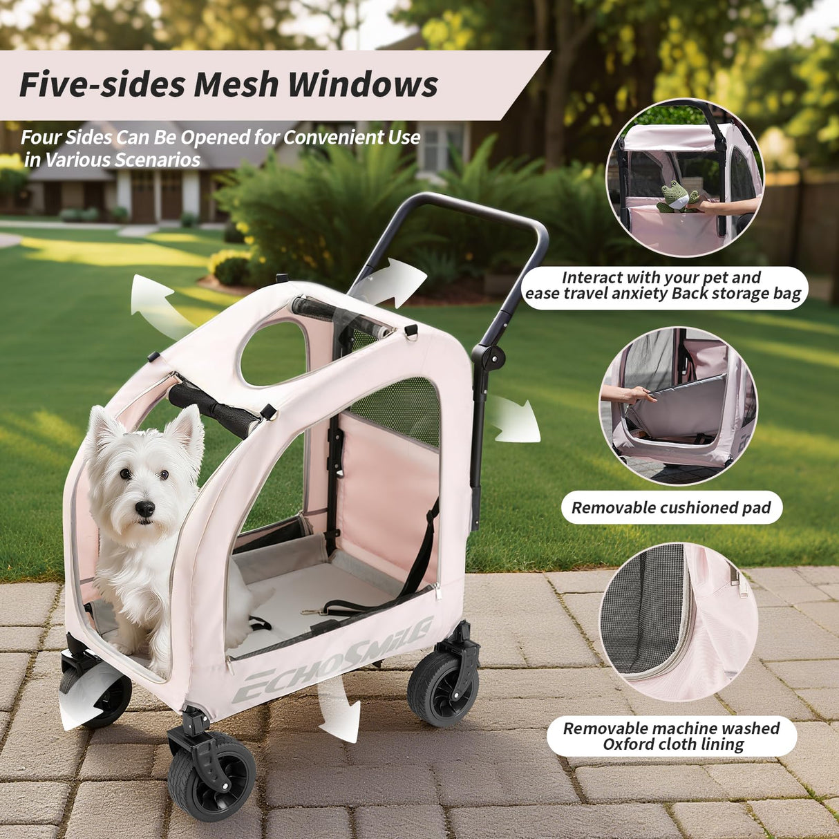 EchoSmile 4 Wheels Pet Stroller, Foldable Dog & Cat Stroller for All-Season, Lightweight Carrier with Storage Basket, Adjustable Handle, Removable Pad, Breathable Mesh, Up to 135 lbs, Pink