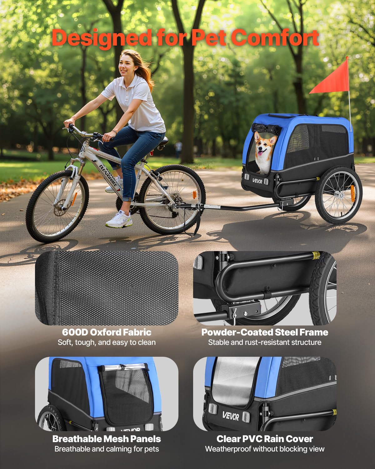 VEVOR Dog Bike Trailer, Supports up to 66 lbs, Pet Cart Bicycle Carrier for Small & Medium Dogs, Easy Folding Frame with Quick Release Wheel, Universal Bicycle Coupler, Reflector, Flag, Internal Leash