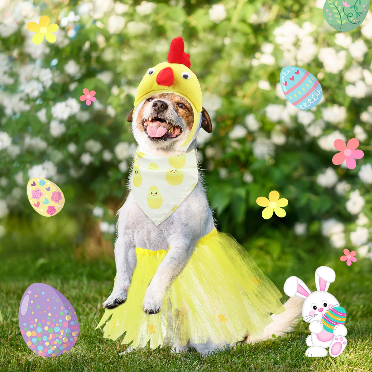 Huhumy 6 Pcs Adjustable Dog Easter Costumes Include Bunny Ears and Chick Headband Dog Bandana Easter Collar Tulle Tutu for Small Medium Pet Birthday Holiday Party Accessories