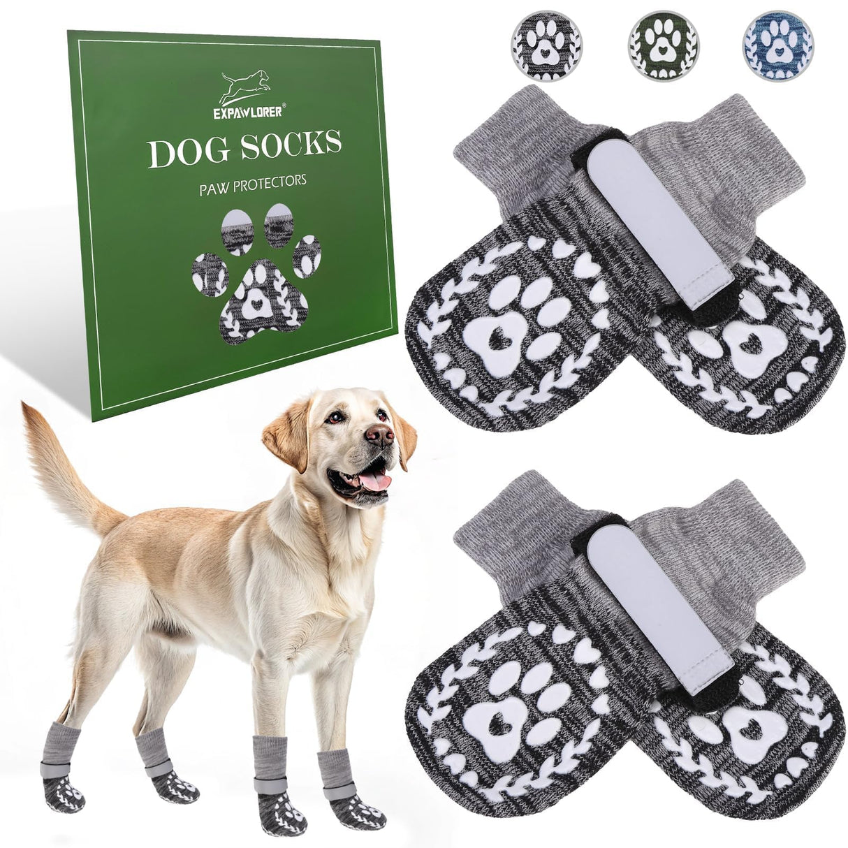 EXPAWLORER Dog Socks to prevent Licking and Slipping, Winter Dog Shoes for Cold Weather Snow, Paw Protectors for Hardwood Floors Anti-Slip, Dog Booties for Small Medium Large Senior Dogs,Black Grey XL