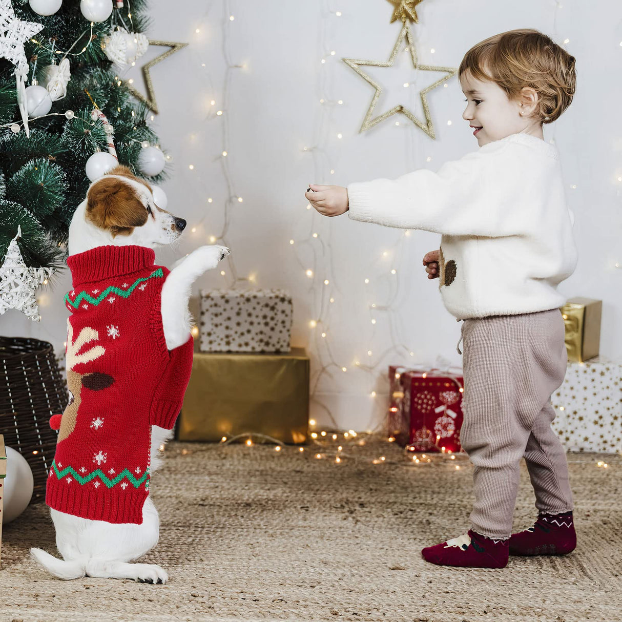 YUEPET Christmas Dog Sweaters Pullover, Reindeer Snowflake Christmas Outfits with Leash Hole, Classic Turtleneck Dog Clothes for Puppies Medium Dogs(XL)