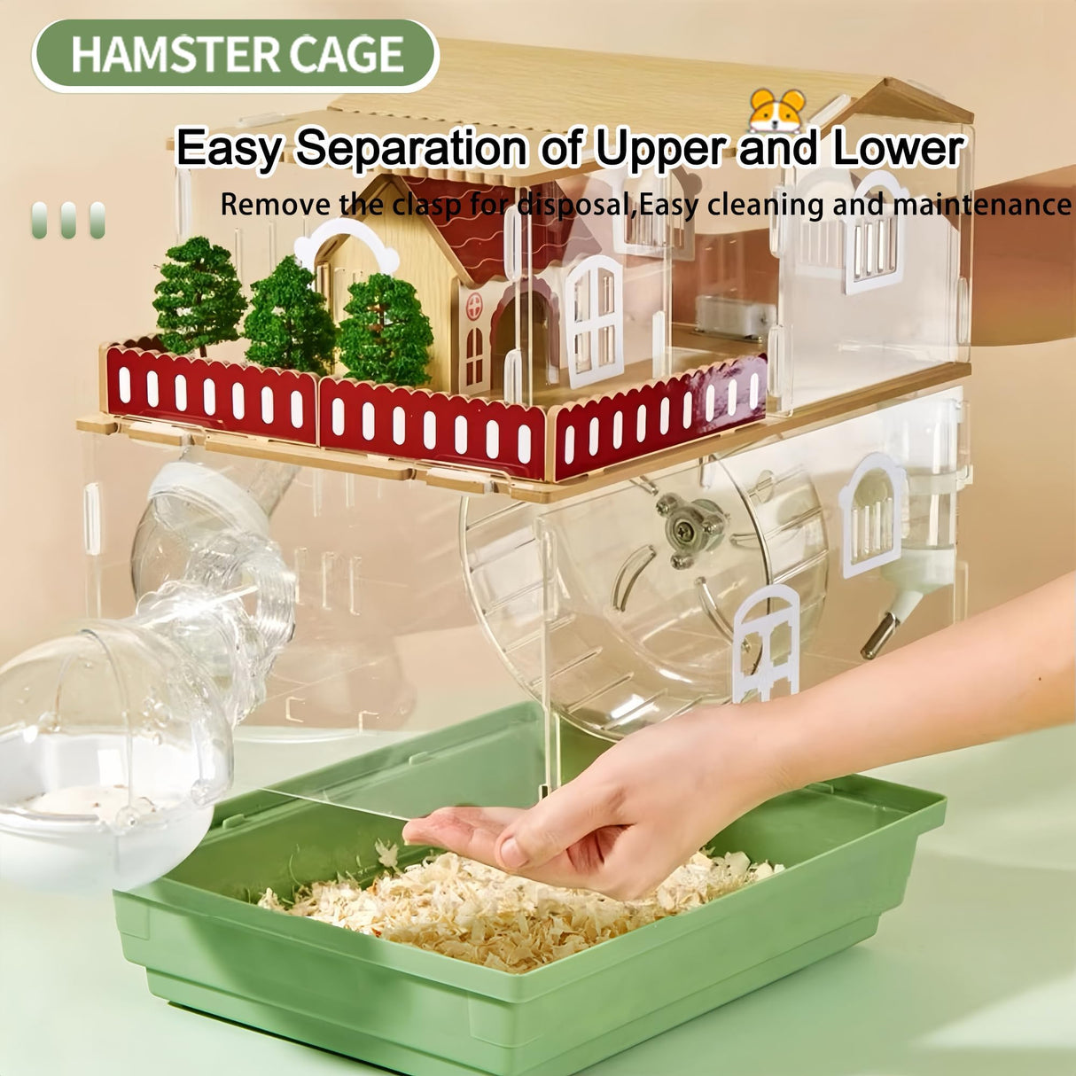 12 in 1 Clear Acrylic Hamster Cage with All Accessories,13.5''L* 10''W* 15''H Dwarf Hamster Cage,Magnetic Connection Small Hamster Enclosure,Garden Style Wooden Mouse Cage for Pet Mice(2-Layer,Green)