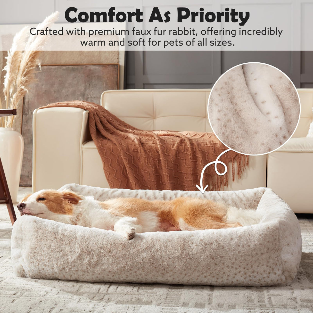 JOEJOY Dog Bed for Small Medium Dogs, Removable Washable Cover Orthopedic Soft Faux Rabbit Fur Pet Bed, Anti-Slip Fluffy Plush Puppy Bed, 25"x21"x7", Leopard Print, Beige
