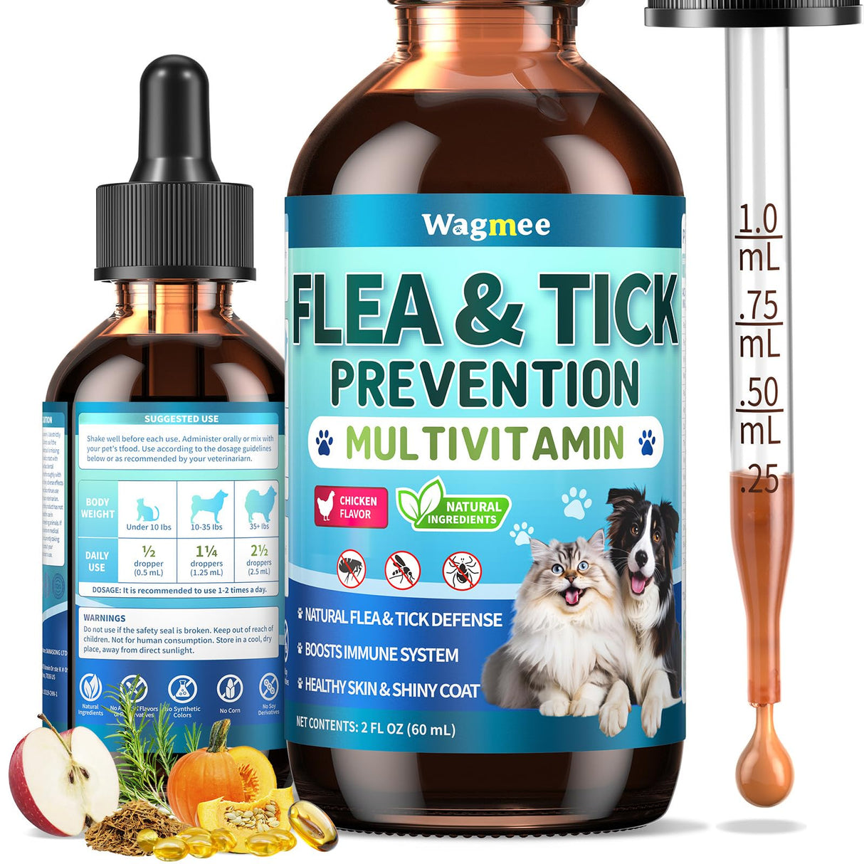 Oral Flea & Tick Support for Dogs and Cats, Natural Flea and Tick Prevention with Multivitamins - Flea Herbal Supplement Drops for Healthy Skin & Shiny Coat Support - All Breeds and Ages - Chicken