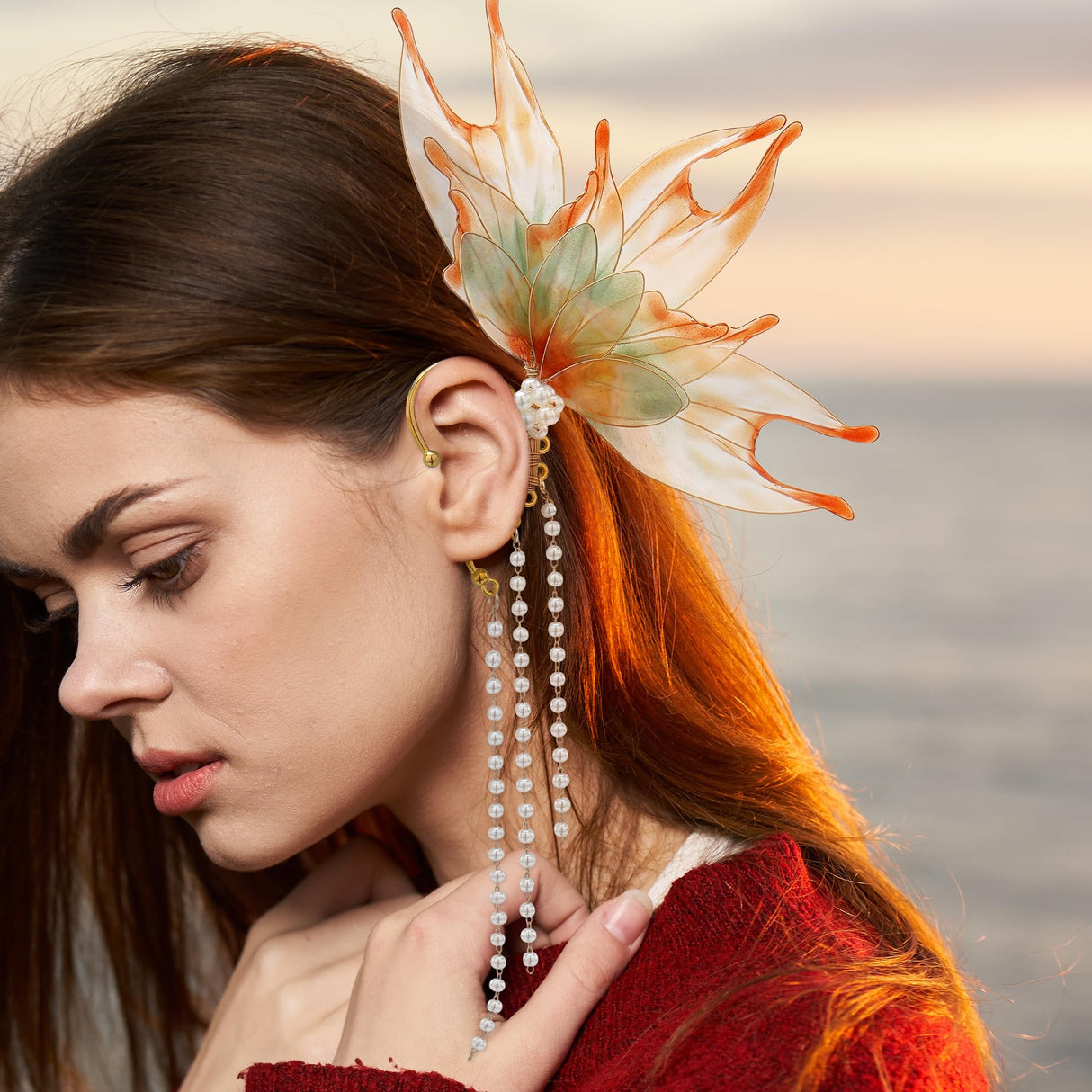 FRESHME Elf Ear Cuffs Mermaid - Fairy Mermaid Ears Auricular Fins Earring with Tassel Elven Wrap Clip-on Earring Dress Up As a Mermaid Renaissance Halloween Christmas Cosplay Party Accessories