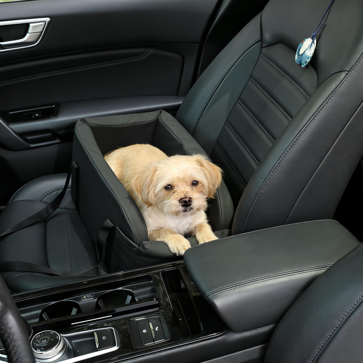Waterproof Faux Leather Center Console Dog Car Seat, 2-in-1 Portable Puppy Carrier & Armrest Booster Seat for Small Dogs, Easy-to-Clean Tech Fabric, Sturdy Cushioned, Anti-Collapse Walls, Under 11 lbs