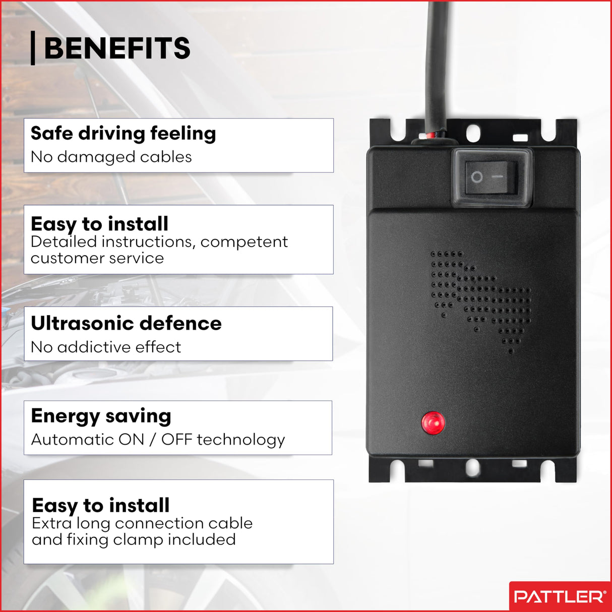 PATTLER® Best Mouse Repellent for Cars | Mouse Repellent with Connection to 12V Car Battery | Ultrasonic Pest Repeller | Mice Repellent for Engines Under Hood I Long Term Pest Control | 1 Unit