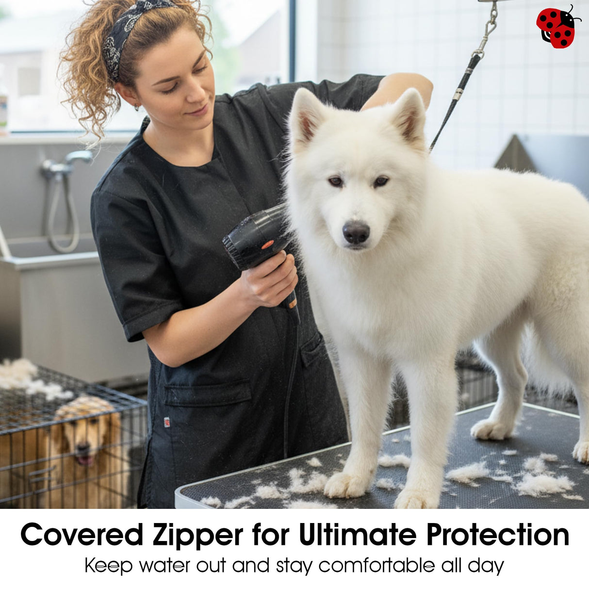 Ladybird Line 950 Classic Black Waterproof Styling Jacket, Hair and Bleach Resistant with Covered Zipper Panel, Mesh Back and Back Tie Belt, Ideal for Pet Groomers, Barbers, and Hair Stylists - 2XL