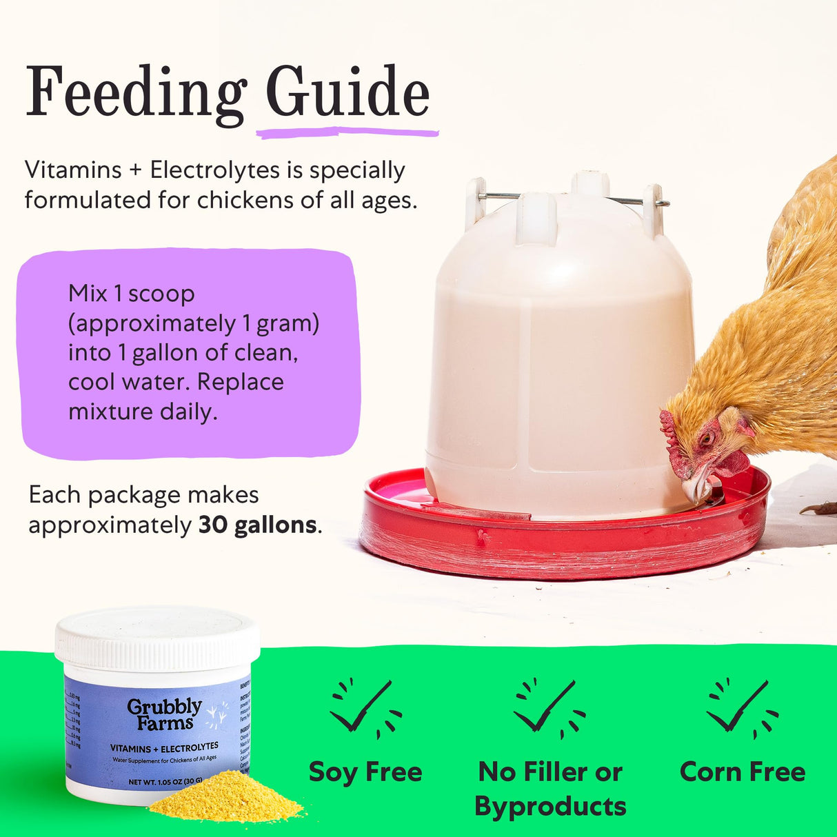 Grubbly Farms Vitamins + Electrolytes Water Supplement for Chickens (30 Day)