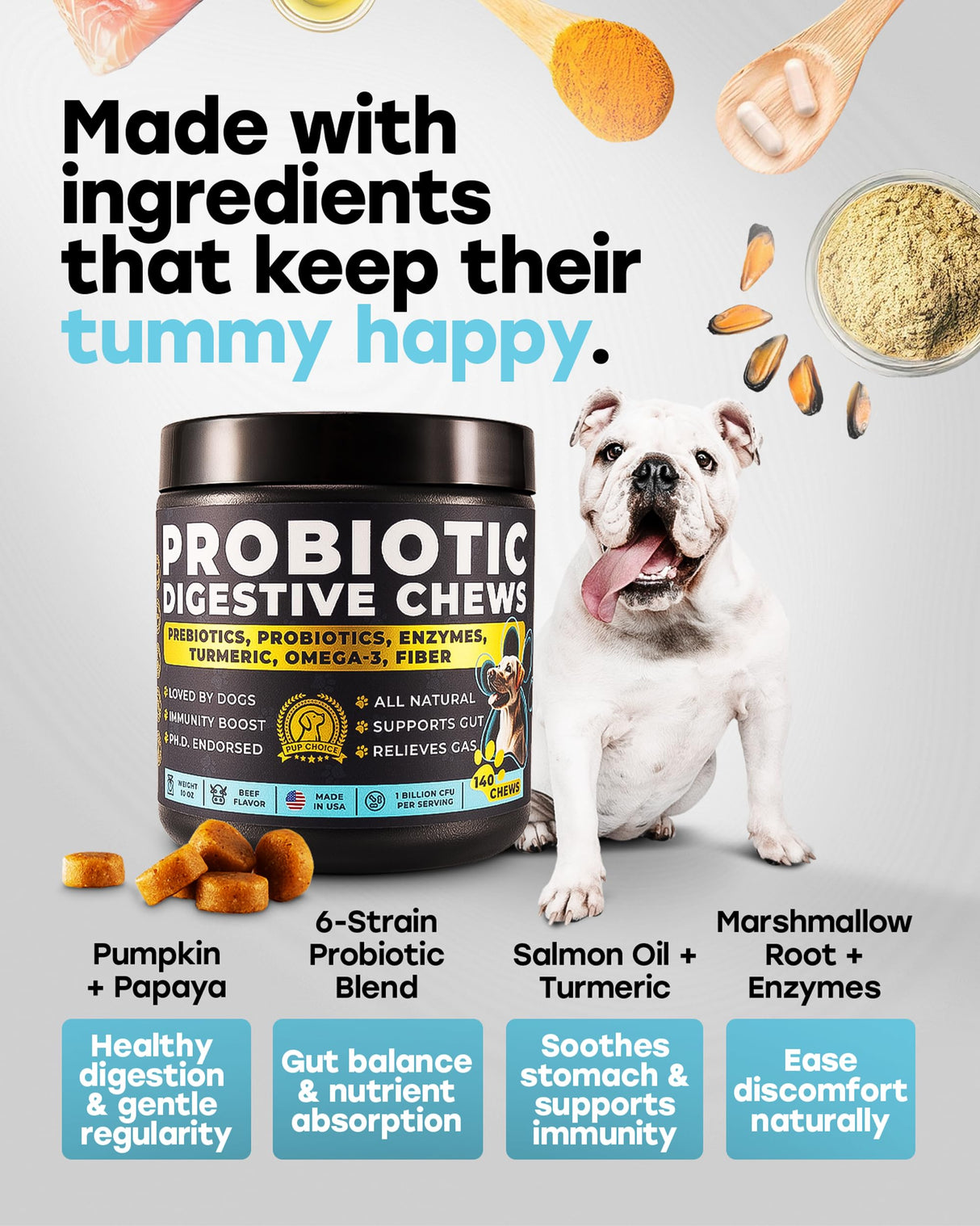 Pup Choice Chewable Dog Probiotics – All-in-One PhD-Endorsed Digestive Enzymes, Prebiotics, Turmeric, Omega-3 & Fiber – Gut, Diarrhea, Itchy Skin & Ear Support – All Ages, Made in USA, 140 Beef Chews