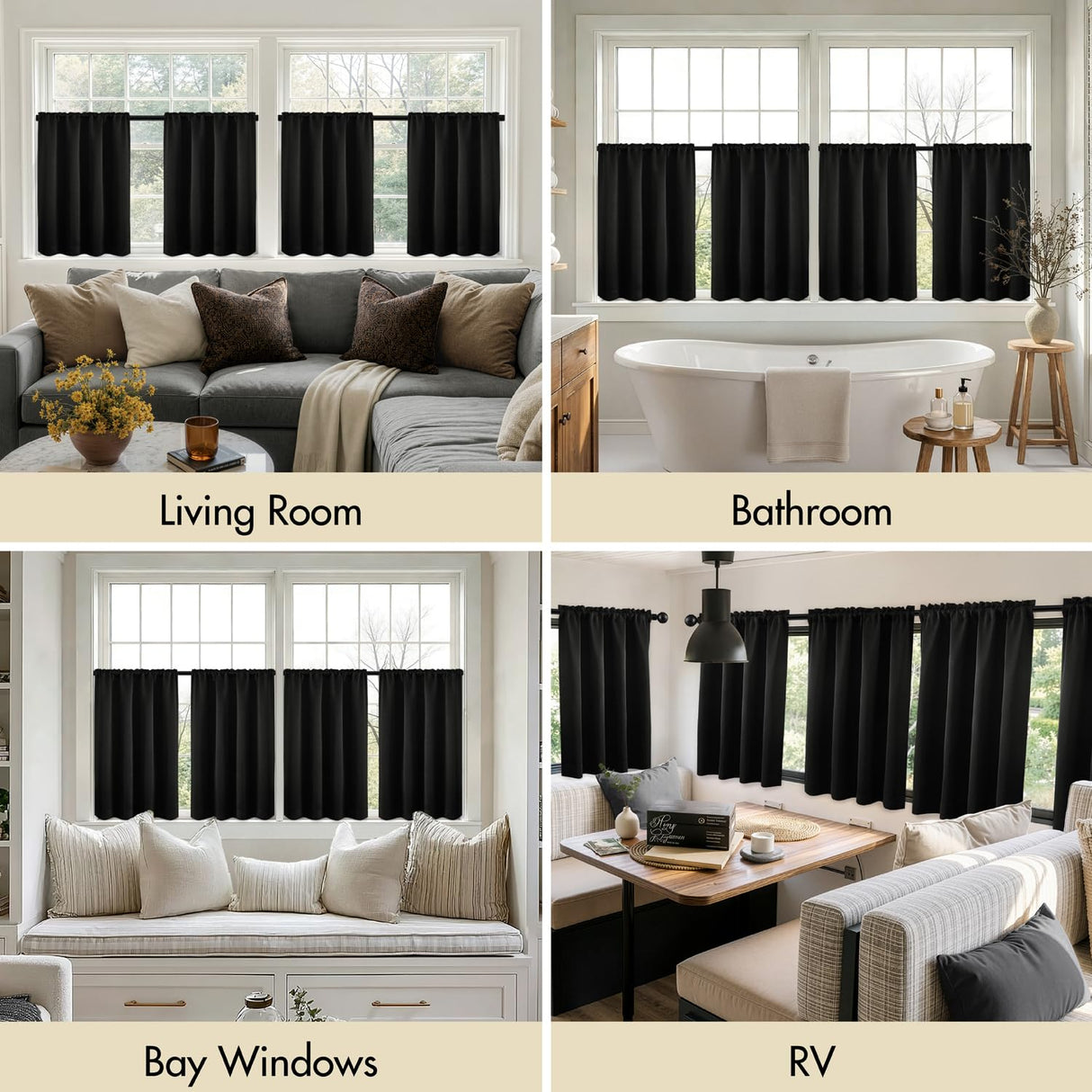 36 Inch Short Blackout Curtains Set of 4, Over Sink Kitchen Tier Curtain Thermal Insulated Privacy Drapes Mini Top & Bottom Rod Pocket Cafe Curtains for Small Windows Bathroom RV, Black