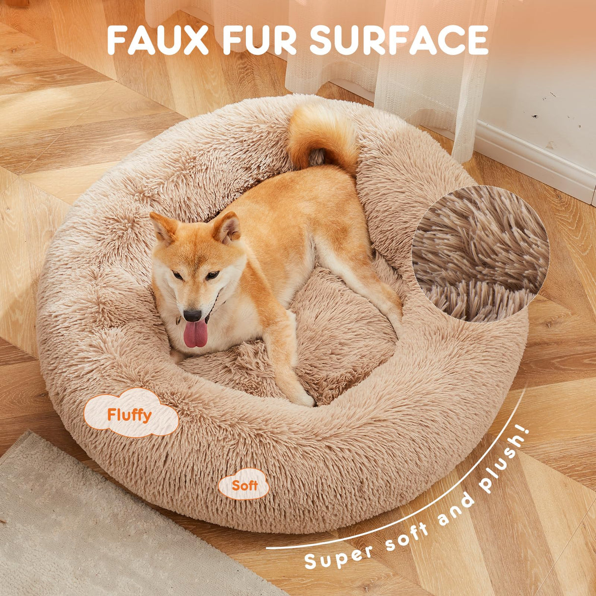 Sweetcrispy Donut Dog Bed, XL Large Round Calming Cat Bed with Washable Waterproof Cushion, Anti-Anxiety & Anti-Slip Fluffy Cuddle Cozy Faux Fur Plush for Pet Puppy Indoor Sleeping(37.4"x3.47",Brown)