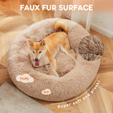 Sweetcrispy Donut Dog Bed, XL Large Round Calming Cat Bed with Washable Waterproof Cushion, Anti-Anxiety & Anti-Slip Fluffy Cuddle Cozy Faux Fur Plush for Pet Puppy Indoor Sleeping(37.4"x3.47",Brown)