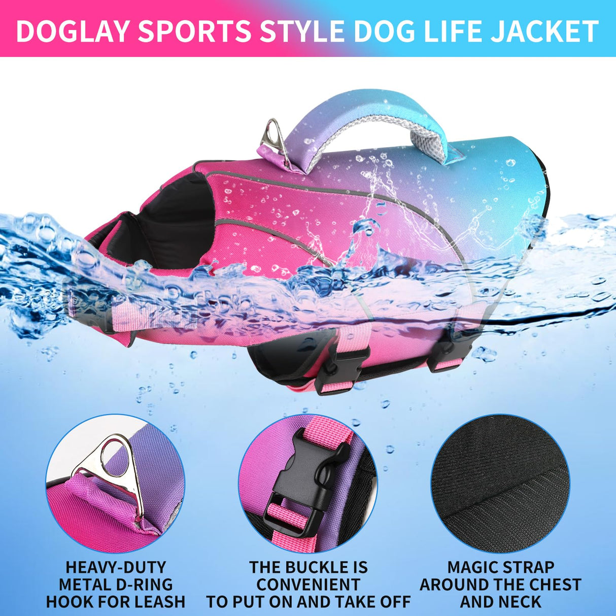 Doglay Dog Life Jacket for Boating & Swimming, High Buoyancy Reflective Dog Life Vests with Rescue Handle and D-Ring, Ripstop Adjustable Floating Vest for Small Medium Large Dogs