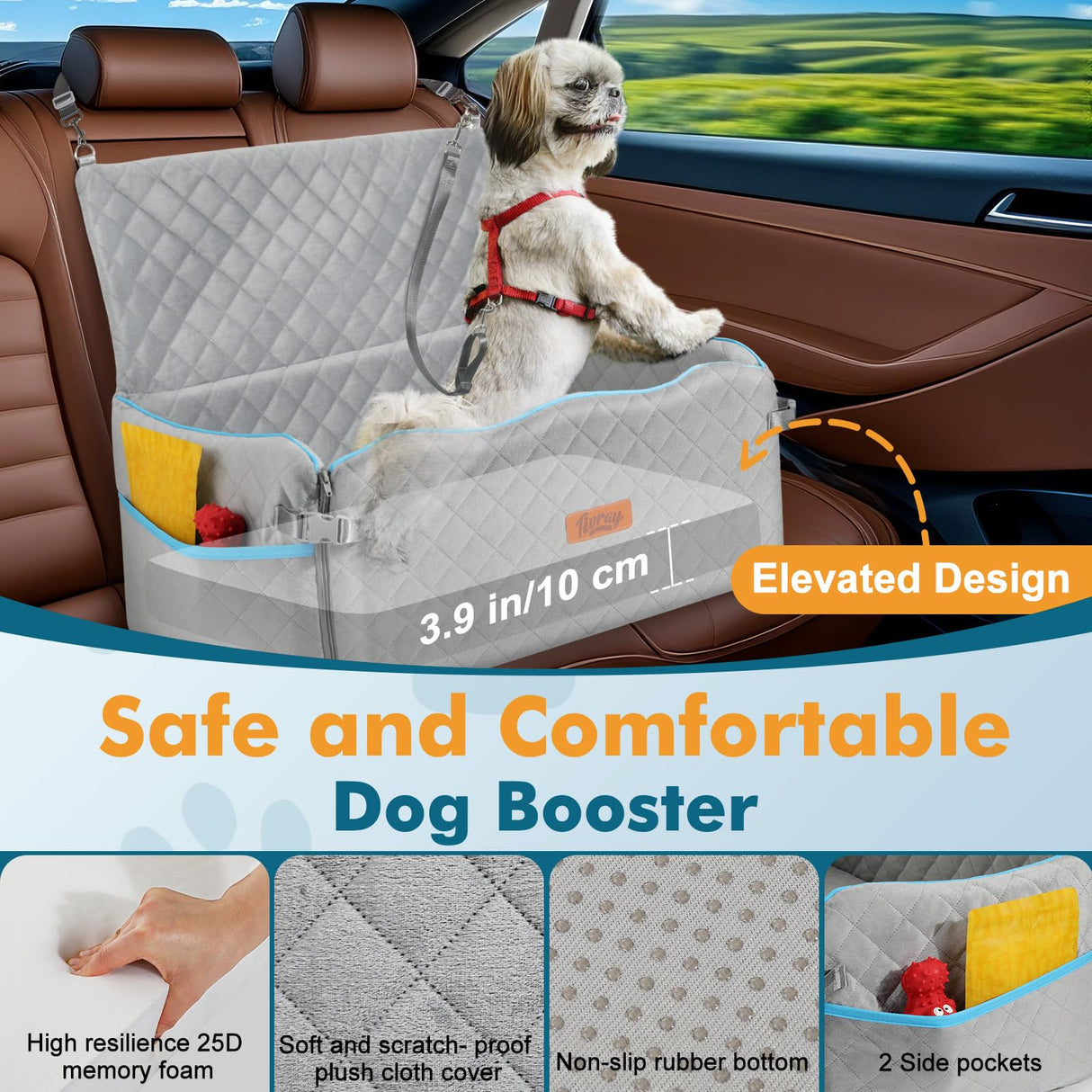 Large Dog Car Seat, Dogs Car Bed for Large Dogs Under 60 lbs or 2 Small Breeds, Comfortable Dog Booster Carseat with Memory Foam Thick Cushion, Detachable & Washable Pet Bed for Backseat, Grey