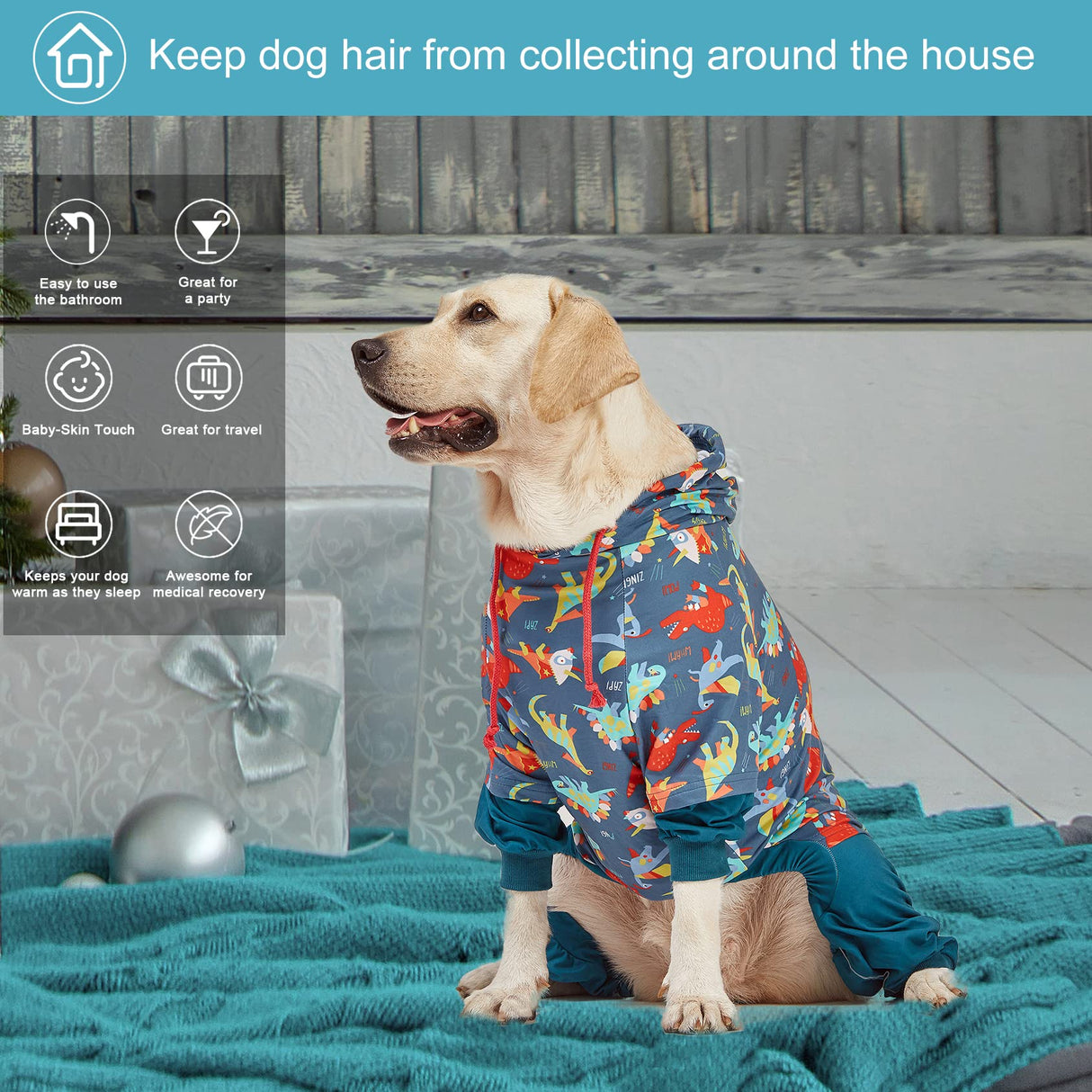 LovinPet Dog Pajamas: Lightweight Onesie, Large Dog Pjs, Reflective Stripe, Super Dinos Navy Print, Surgical Recovery Clothes /3XL