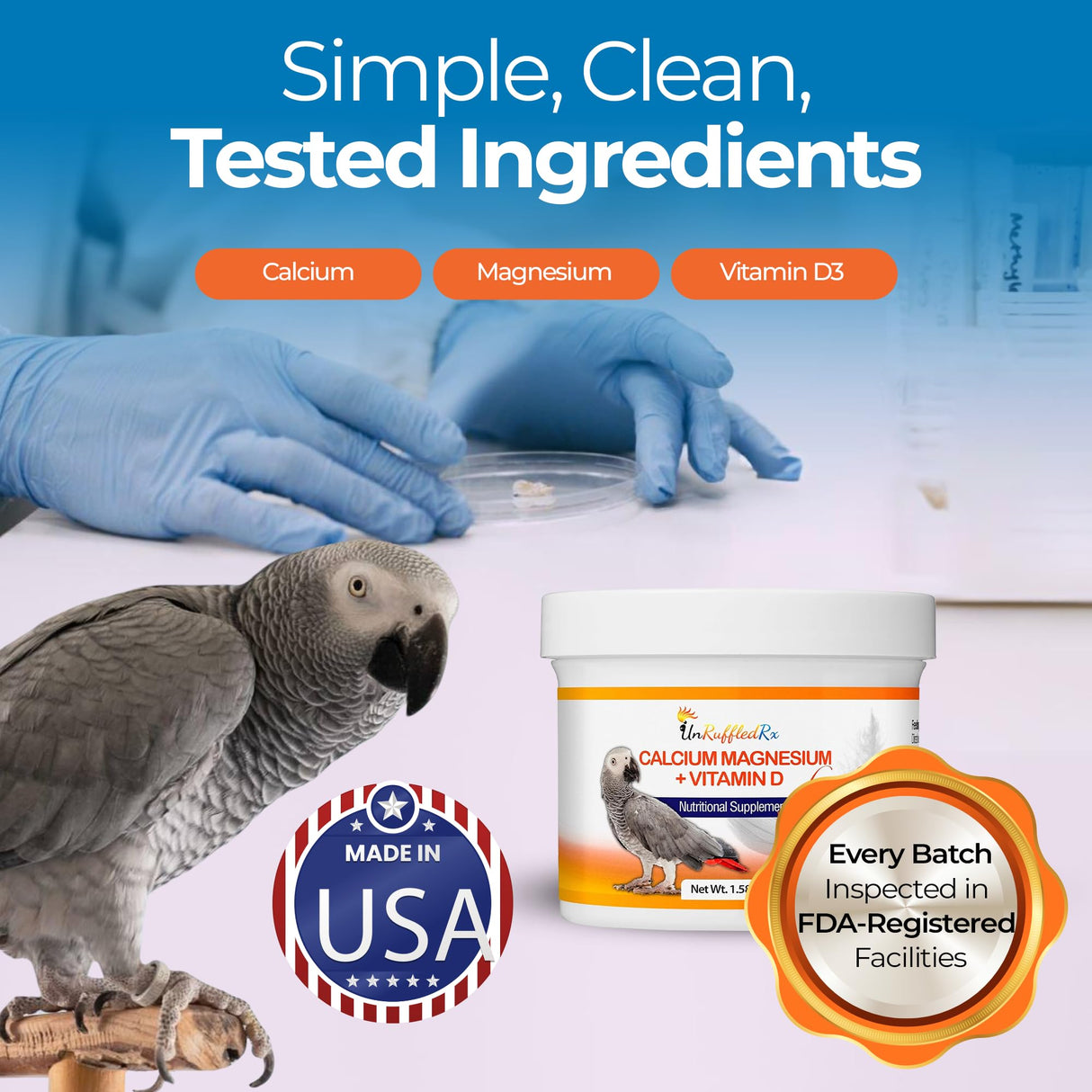 UnRuffledRx™ Bird Calcium Plus with Magnesium and D3, Dissolves Clear and Tasteless in Water, Supports Bone, Muscle, Feather and Egg Health, 45 Servings, Made in FDA-Registered USA Facility