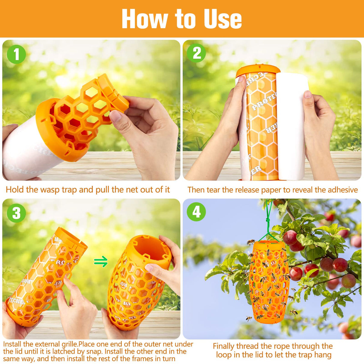 Wasp Traps Outdoor Hanging, Wasp Repellent for Indoor/Outdoor, Carpenter Bee Trap for Outside, Insect Trap, Yellow Jacket Trap, Bee Killer, Fake Wasp Nest&Paper Wasps -2 Pack 4 Sticky Boards(Orange)