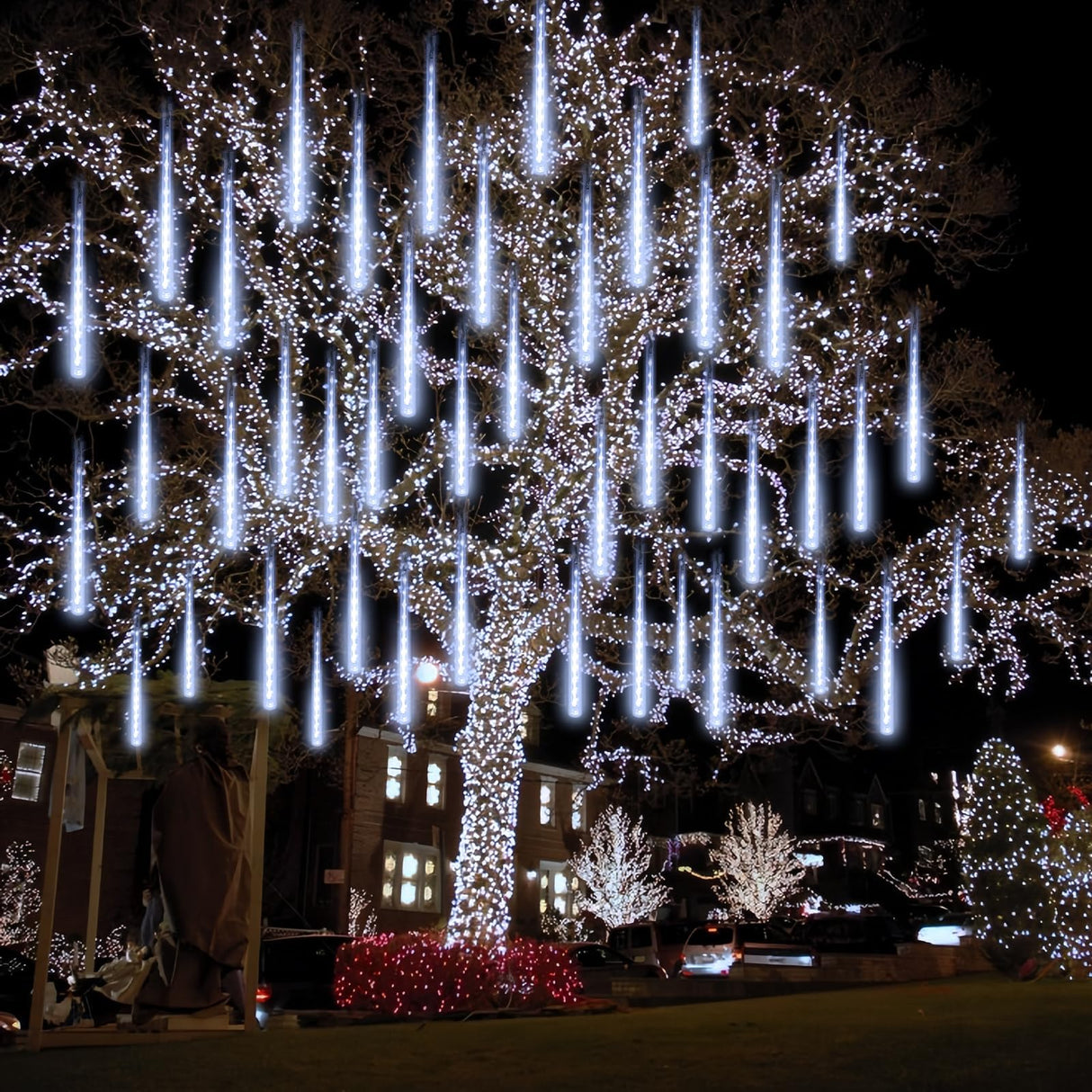 2-Pack Christmas Decorations Lights Outdoor, Total 384LED Meteor Shower Lights Rain Drop Lights 30cm 16 Tubes Indoor Outdoor Snow Cascading String Lights for Xmas Tree Roof Party Garden (Cool White)