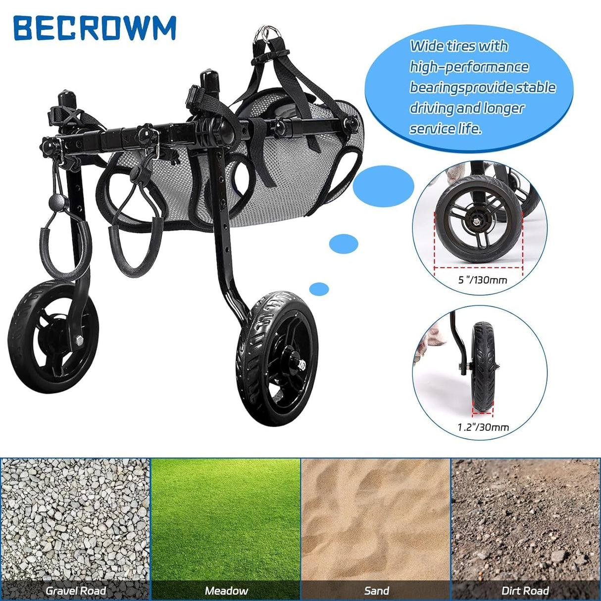 BECROWM Dog Wheelchair for Back Legs, Light Weight Dog&Cat&Pets Wheelchair Cart with Disabled Hind Legs Walking, Adjustable Doggy Wheelchair Cart with Wheels for Back Legs (Grey, Medium（M）)
