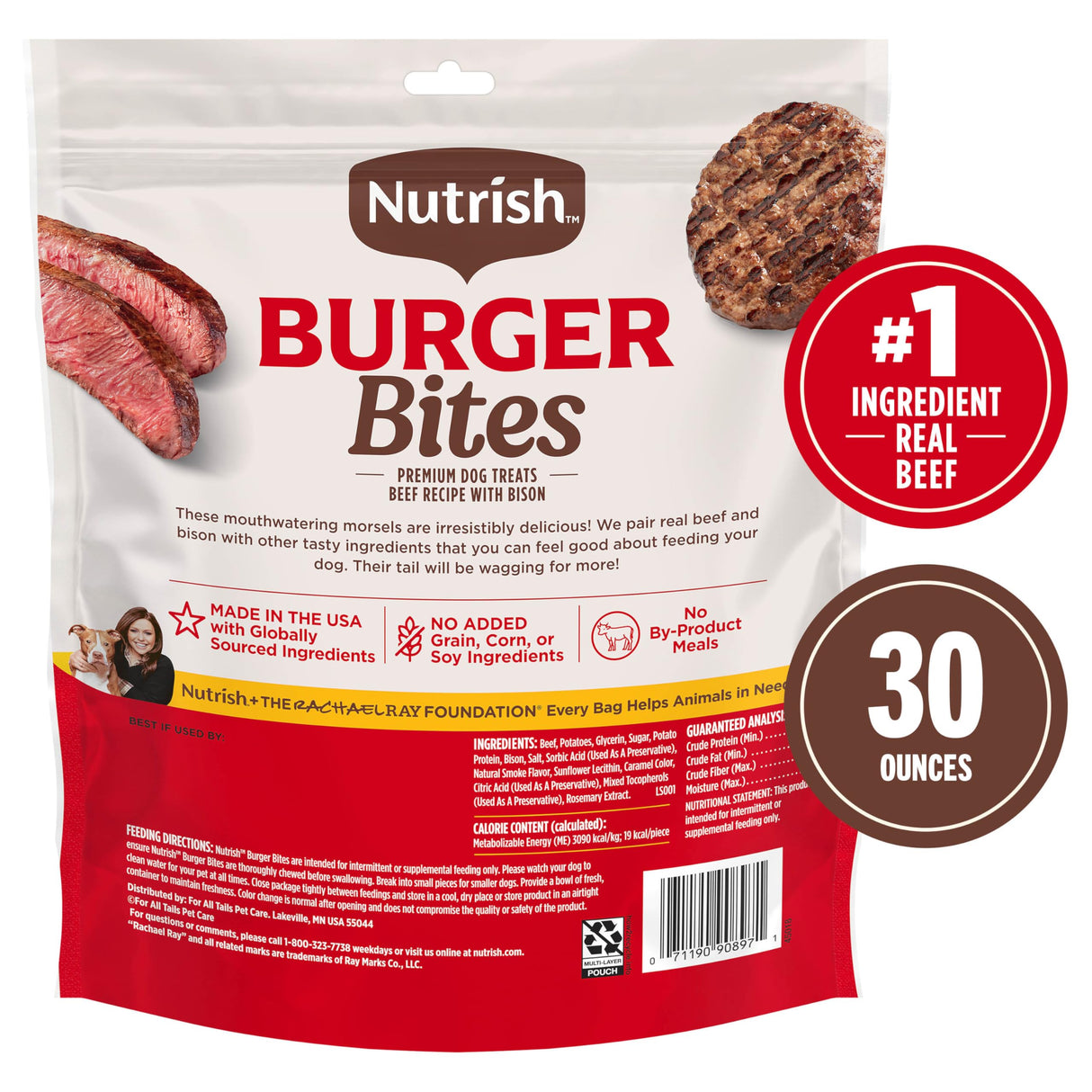 Nutrish Burger Bites Beef Recipe with Bison Premium Dog Treats, 30 oz. Pouch (Rachael Ray)