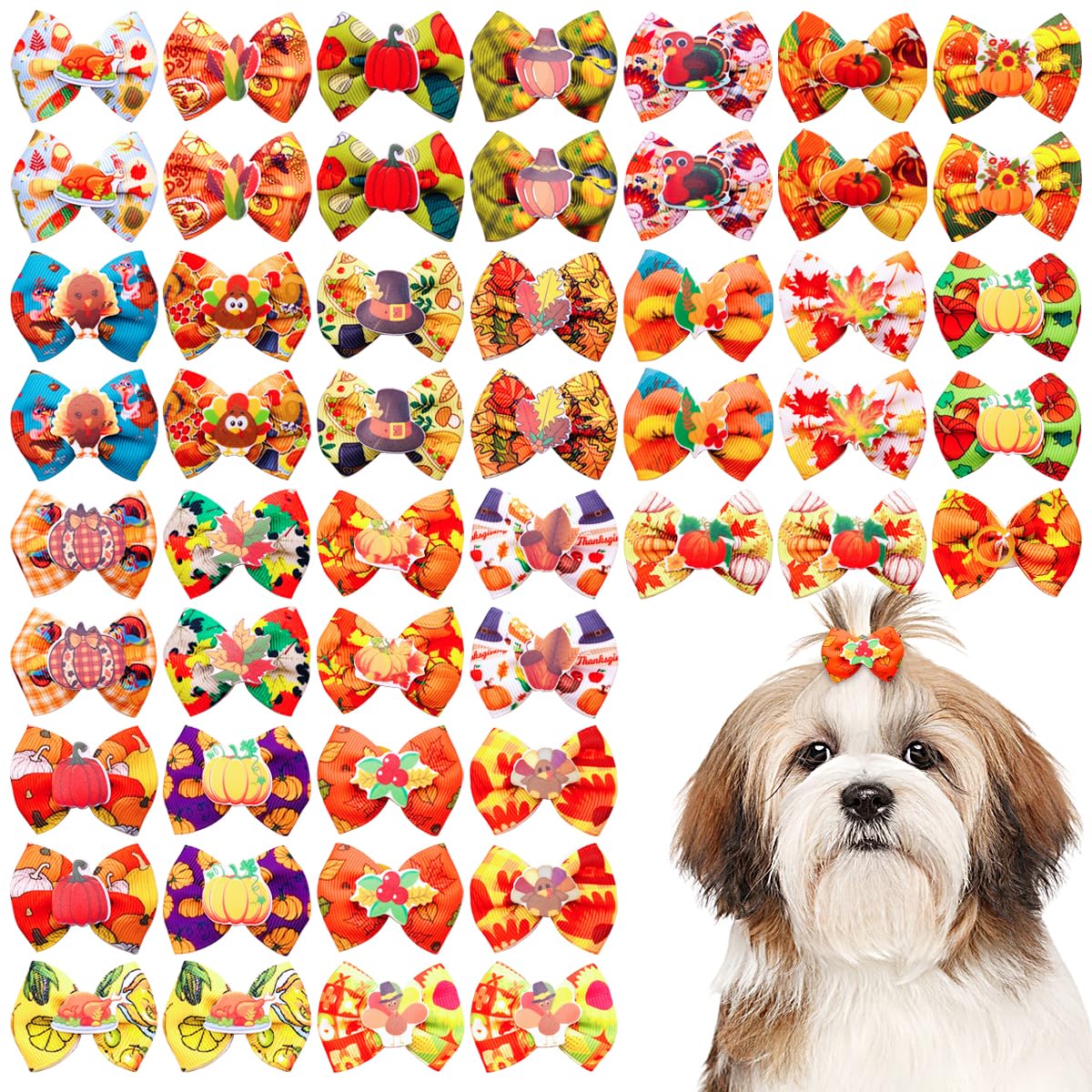 JpGdn 50pcs/25pairs Fall Thanksgiving Dog Hair Bows with Rubber Band Bulk Autumn Fall Topknot Bowknot for Puppy Doggy Cat Yorkies Small Medium Boy Girl Animals Grooming Accessories