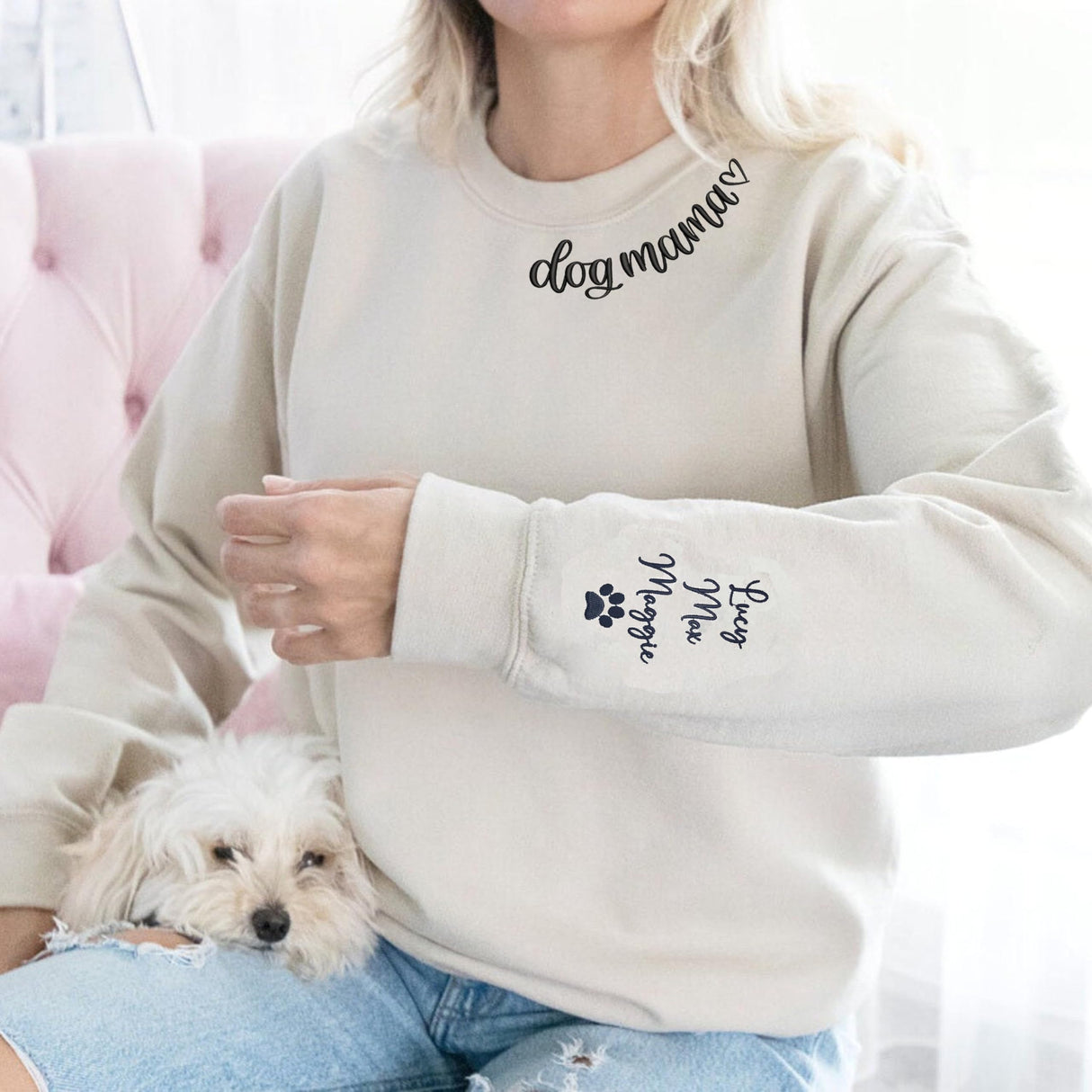NAZENTI Custom Embroidered Dog Mom Sweatshirt with Pet Name on Sleeve, Dog Mama Sweatshirt, Crewneck or Hoodie, Fur Mama (4)