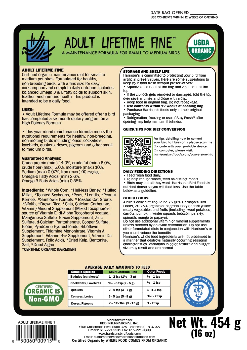 Harrison's Bird Foods Bird Food Adult Lifetime Fine Certified Organic Non-GMO Formula Bird Food 1lb