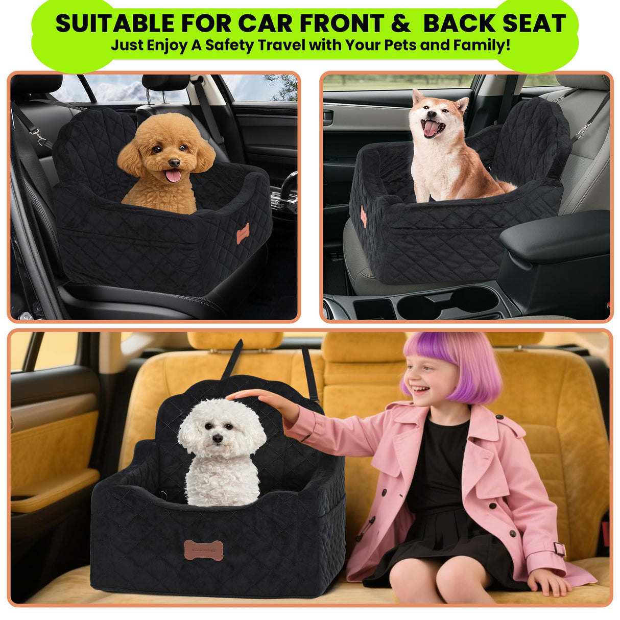 koneboss Dog Car Seat for Small Dogs Under 30lbs, Detachable Washable Pet Booster Seat with Safety Belt & Storage Pockets, Travel Car Bed, Black