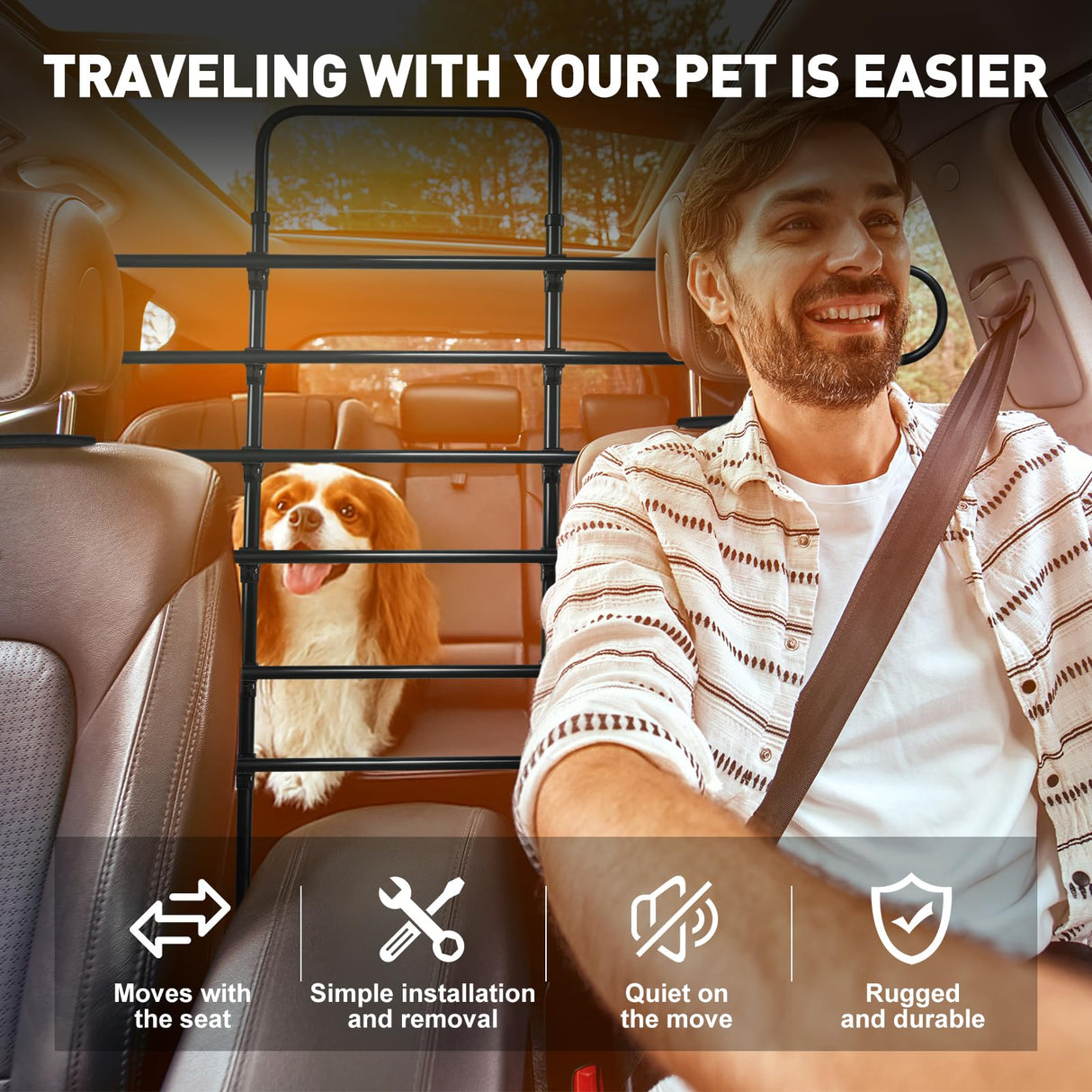 Vehicle Pet Barrier, Adjustable Universal Dog Car Barrier for SUVs, Trucks and Cars, Moves with Car Seat, Sturdy Metal Tube Pet Pen for Vehicles