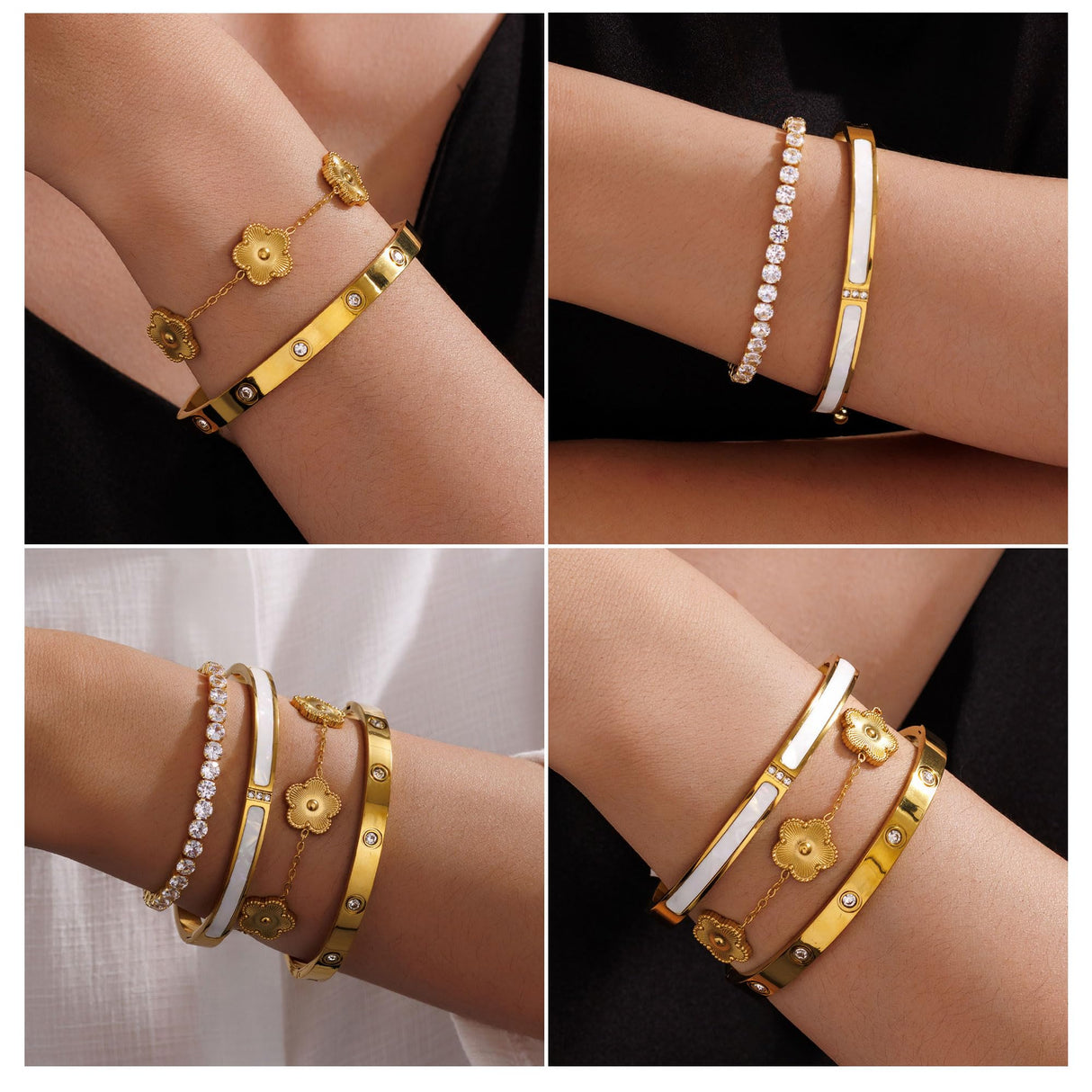 SEADAY 18K Gold Plated Stackable Bangles Bracelets for Women - 4 Pcs Gold Bracelet Set Trendy Stainless Steel Fashion Accessories, Dainty Stacked Jewelry Set Gift for Daily Wear Five Leaf Clover