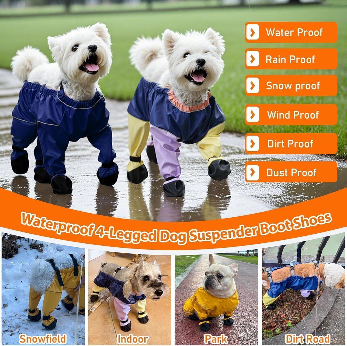 Waterproof Dog Boots Rain Boots with Suspender, Dogs Shoes Paw Protector for Small Medium Puppy, Anti-Slip Doggy Boot Belly Protector, Rain Booties Snow Booties (X-Large, bluef)