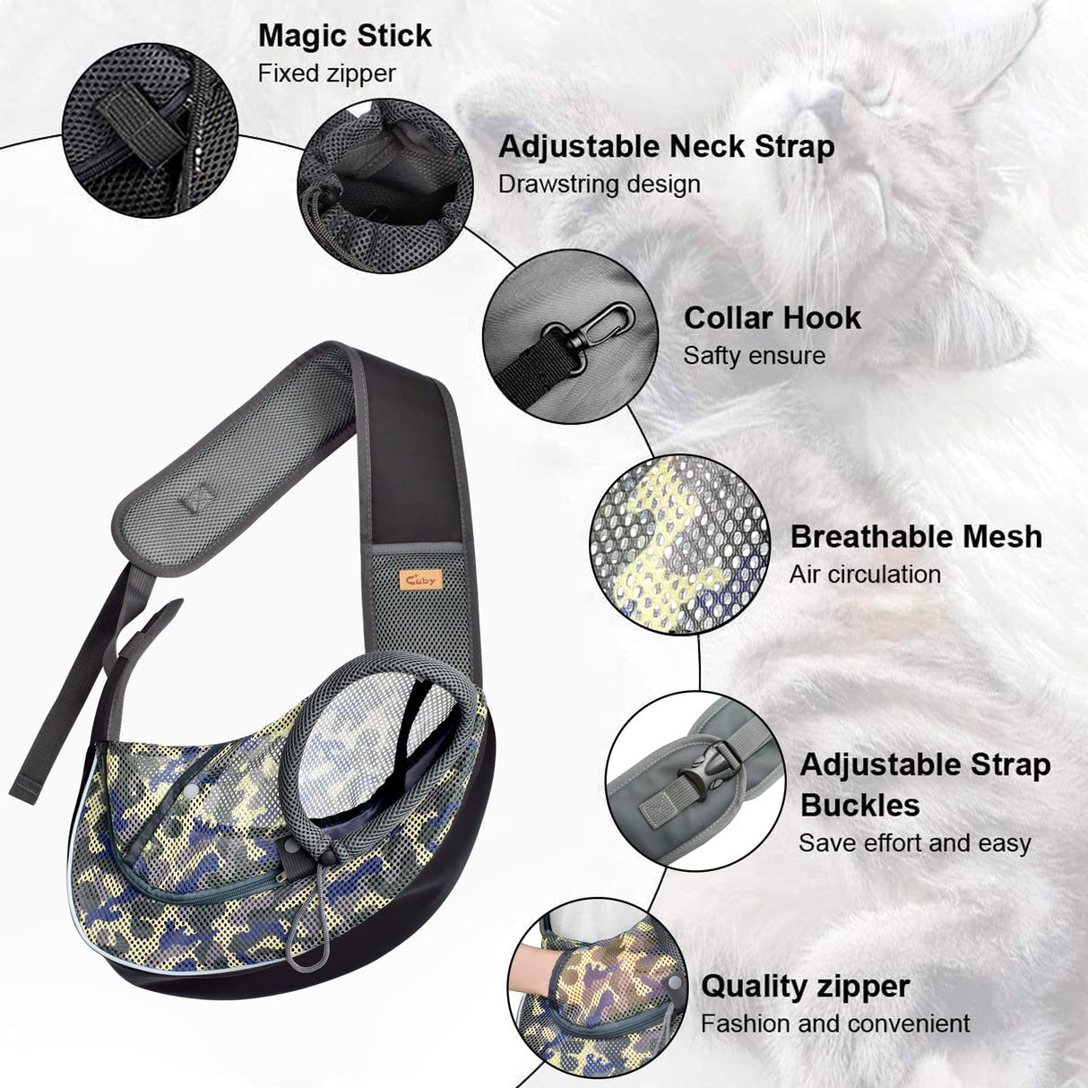 Cuby Pet Dog Sling Carrier for Small Dogs Cats Breathable Mesh Travel Safe Sling Bag Carrier for Dogs Cats Puppy (L, Camouflage)