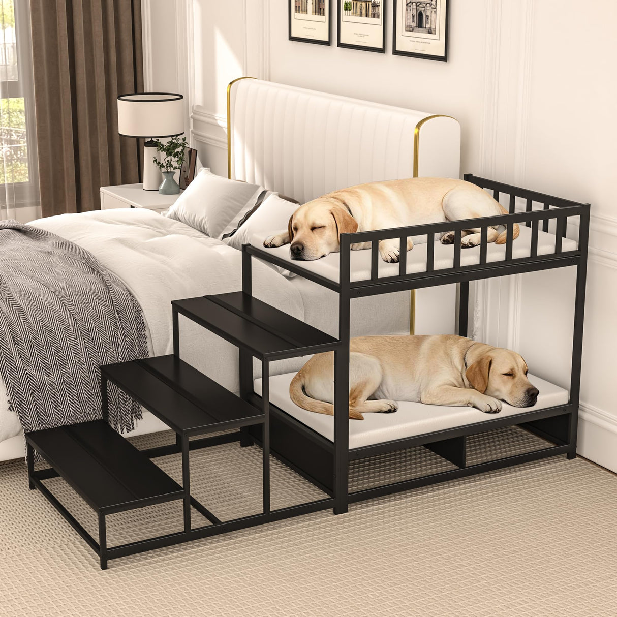 GDLF Dog Bunk Beds for Large Dogs, Dog Bedside Bed with Stairs & Storage, Space-Saving Indoor pet Furniture
