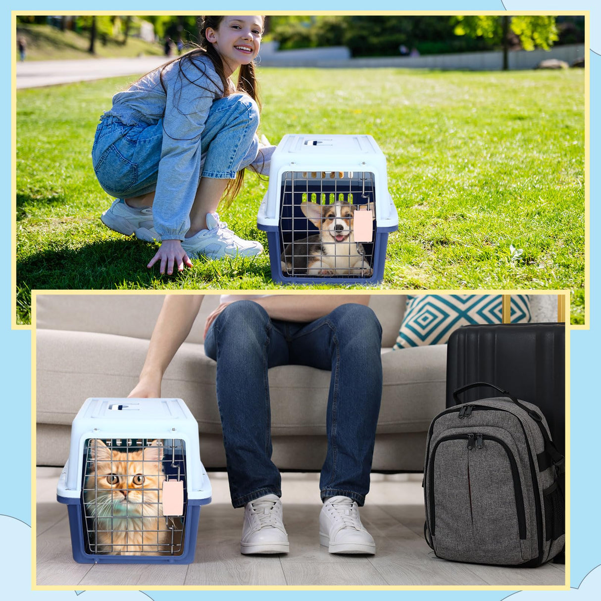 2 Sets 19" Travel Pet Carrier for Small Dogs and Cats Hard-Sided Plastic Dog Crate Cat Kennel with Wire Door, Ventilation and Security Lock Portable Pet Carrier for Car Airline Travel, Up to 13lbs