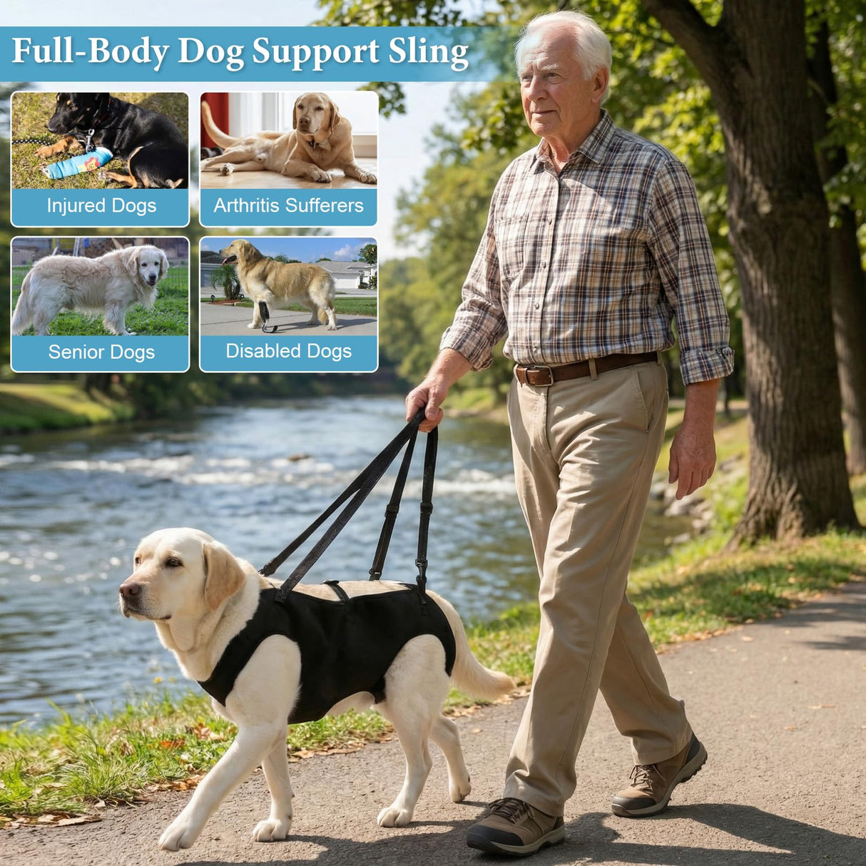 Dog Carry Sling Emergency Backpack, Adjustable Dog Lift Harness with Leg Support for Senior & Injured Dogs, Arthritis Rehabilitation Pet Carrier for Hiking, Travel & Rescue – Black (Black, Large)