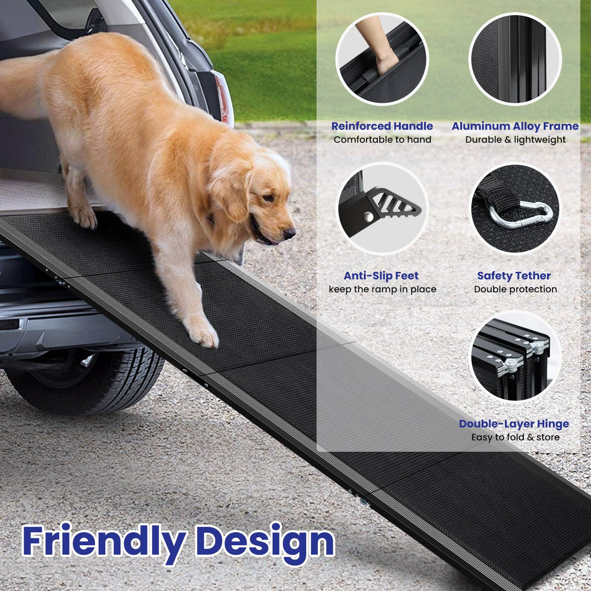 Dog Ramp for Car, 67" L x 20" W Extra Wide Folding Dog Ramp, Pet Ramp with Non-Slip Rug Surface, Dog Steps Supports Up to 250 lb, Outdoor Dog Ramp for Car, SUV, Truck