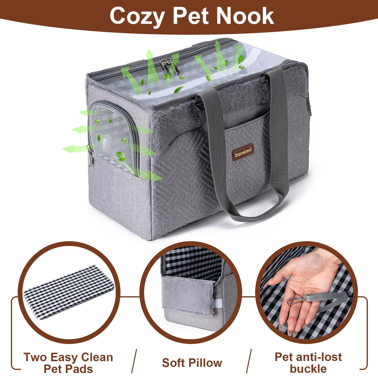 Docami Cat Carrier Bag for Pets Up to 15 Lbs, Fully Open Mesh Roof, Side Vent & 3 Storage Pockets, Cat Dog Crate Travel Bag, Portable & Comfort Soft-Sided Dog Travel Bag, Grey