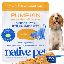 Load image into Gallery viewer, Native Pet Pumpkin for Dogs - Organic Powder Pumpkin Puree Dog Food Toppers-Rich in Fiber Supplement Powder Helps with Digestion, Nutrient Absorption, Diarrhea, Constipation &amp; Upset Stomach-120 Scoops
