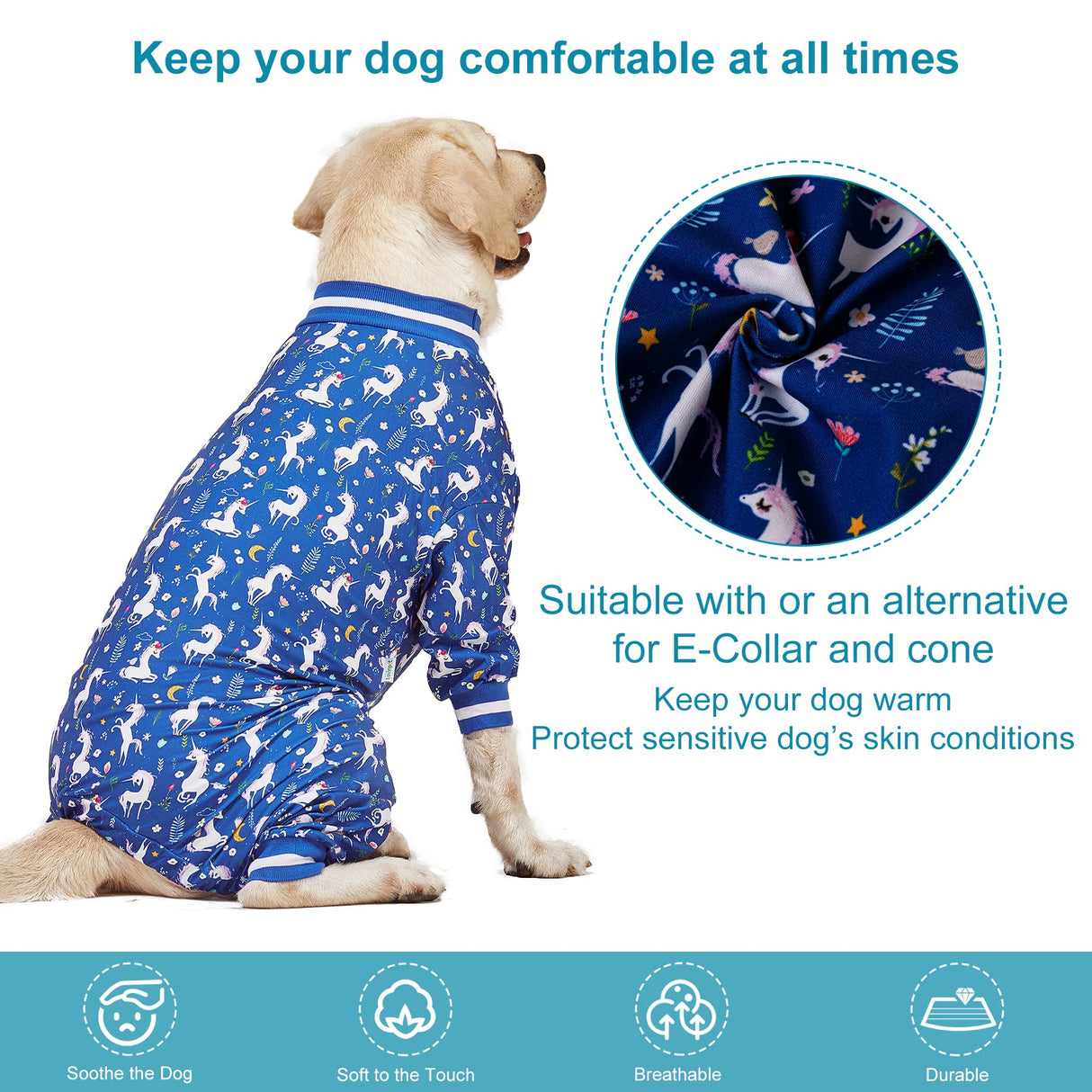 LovinPet Large Dog PJS Clothes: Wound Care/Post Surgery Mastiff Shirt, Lightweight Stretchy Knit Dog Pajamas, Mermaids & Unicorns Blue and White Print, Mastiff Pajamas, Pet PJ's/Medium